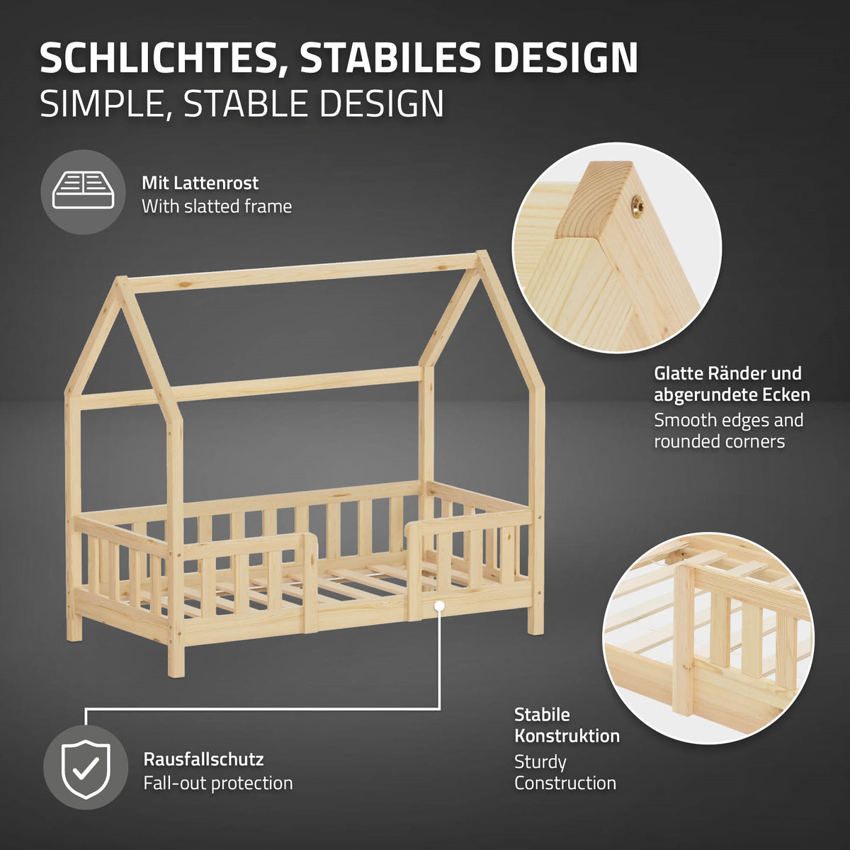 Dřevěná postel se šikmou střechou a stabilní konstrukcí.