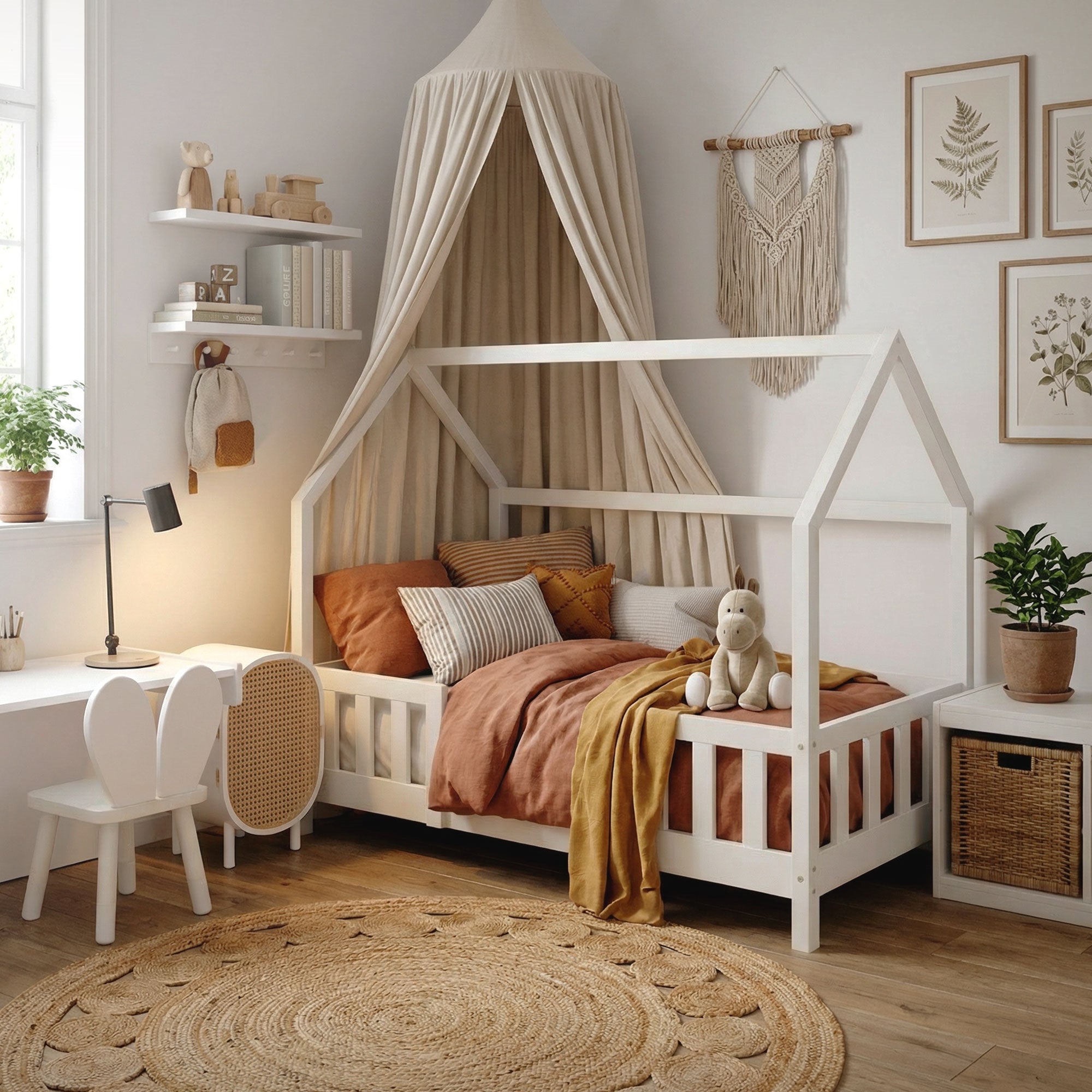 Kinderzimmer mit Bett, Vorhang, Pflanzen und Dekoration.