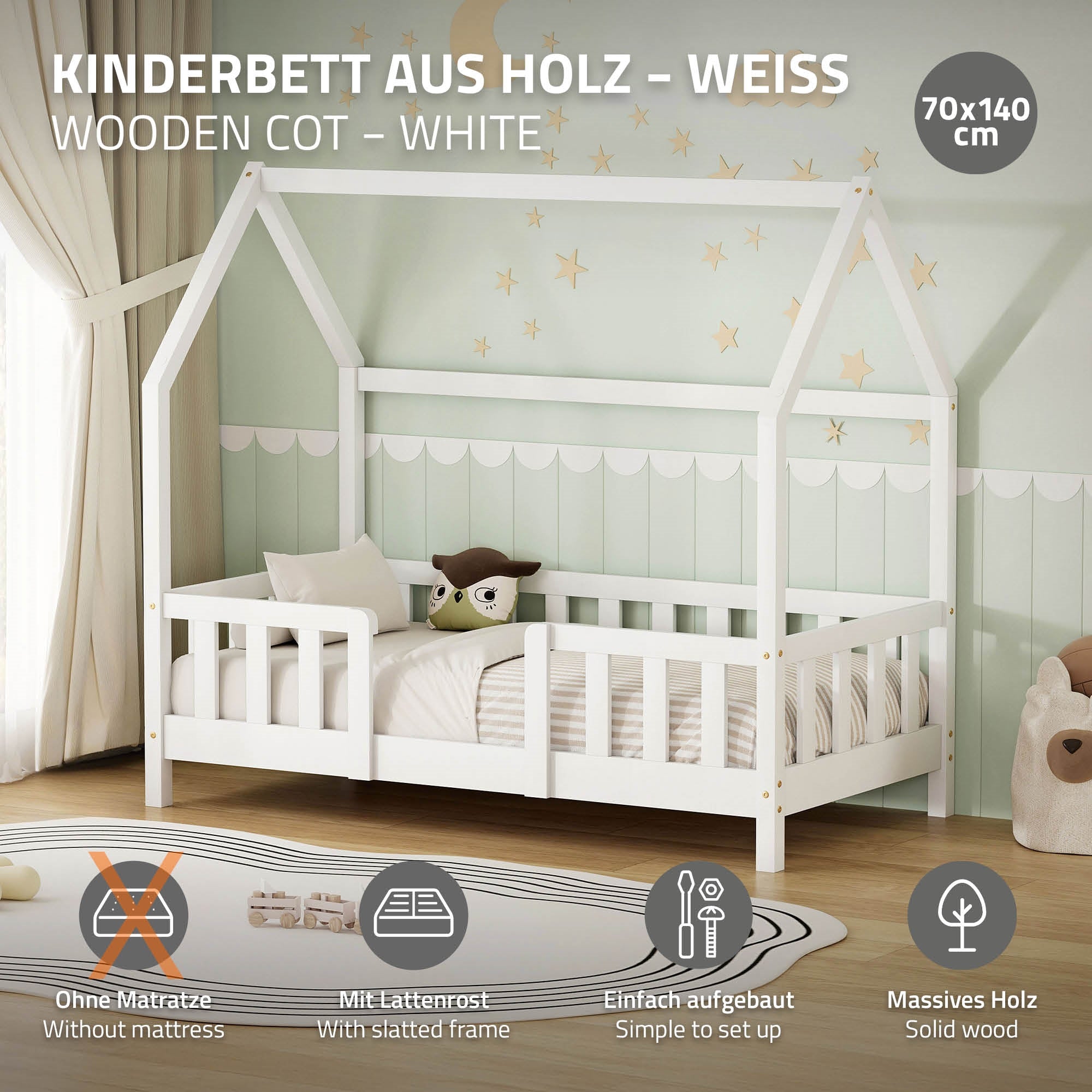 Weißes Kinderbett aus Holz mit Lattengestell, einfach aufzubauen.