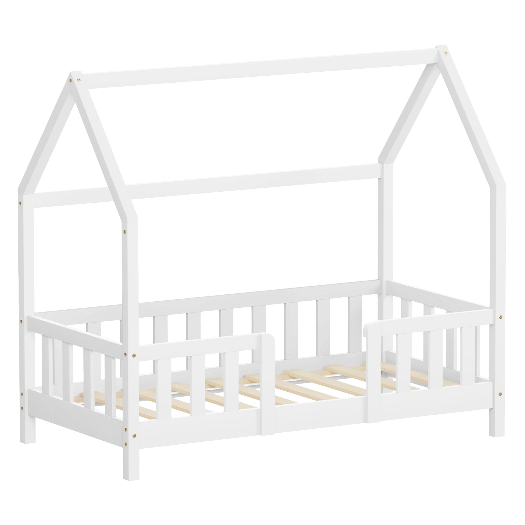 Weißes Bett in Hausform mit offenem Rahmen und Holzlatten.