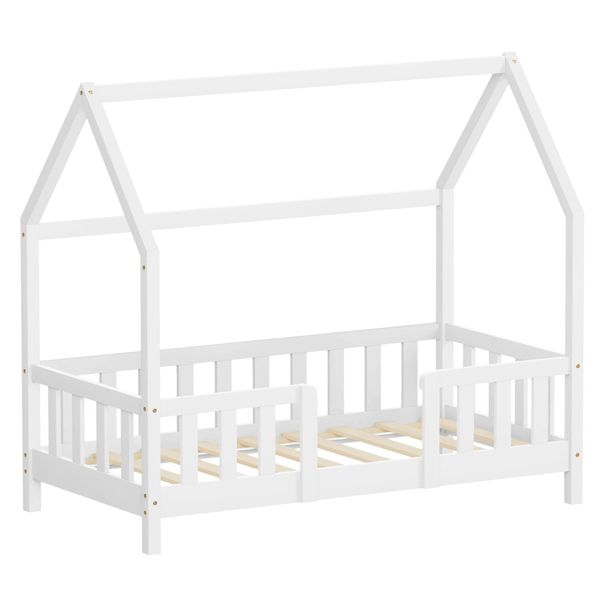 Weißes Bett in Hausform mit offenem Rahmen und Holzlatten.
