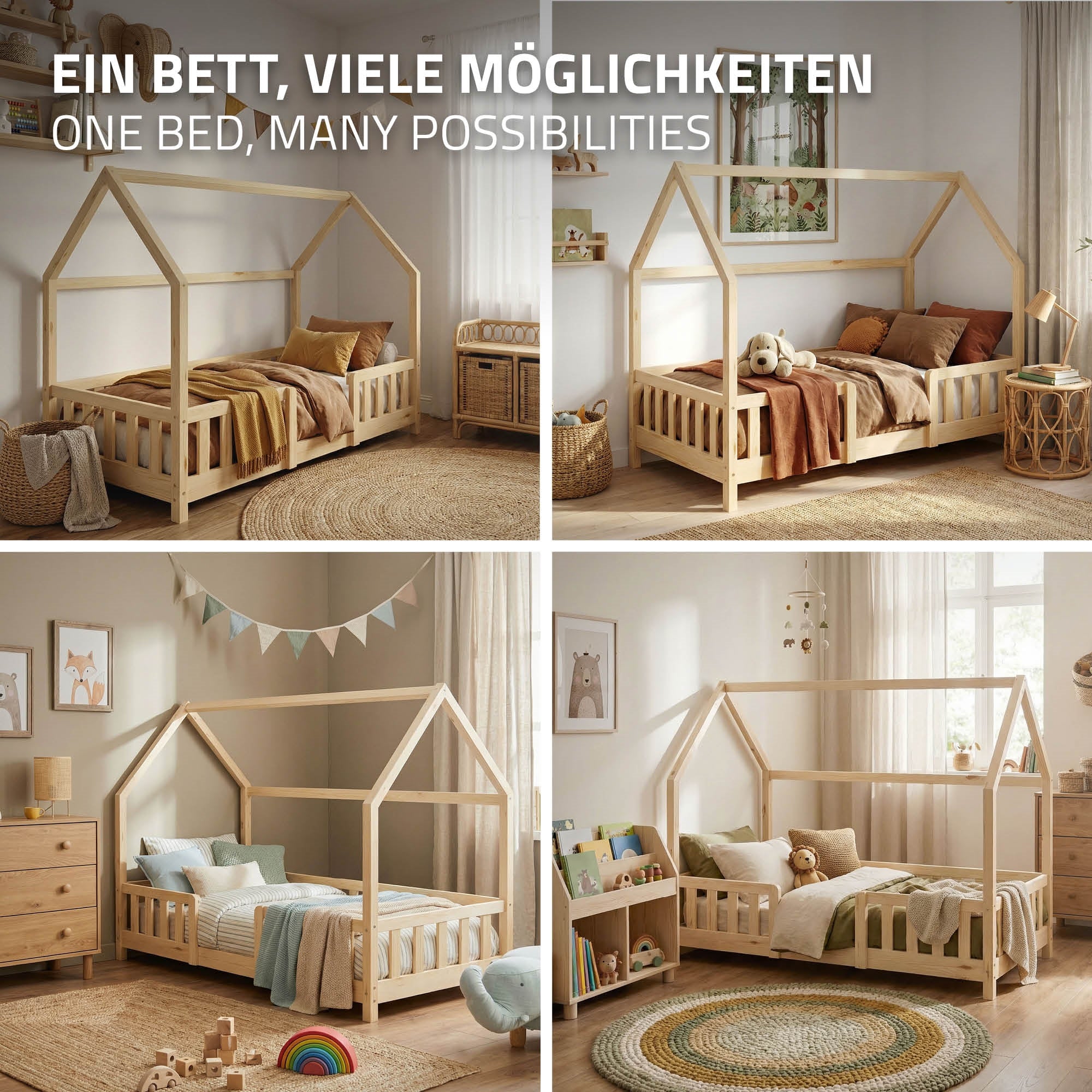 Camas de madera en diferentes configuraciones en una habitación infantil.