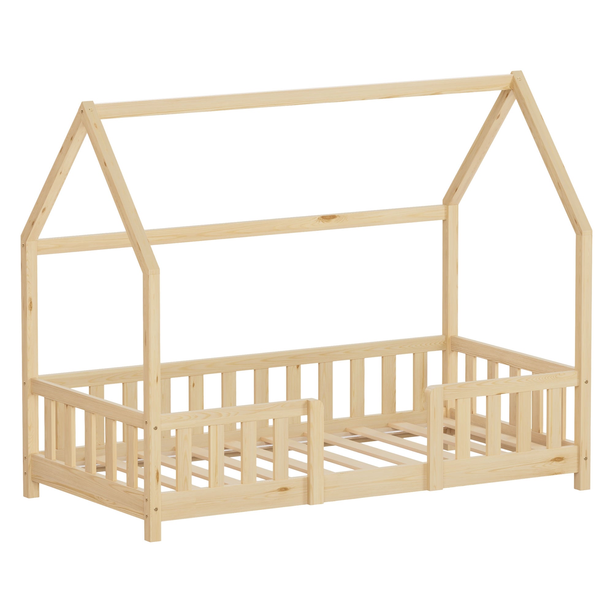 Holz-Kinderbett in Form eines Hauses ohne Matratze.