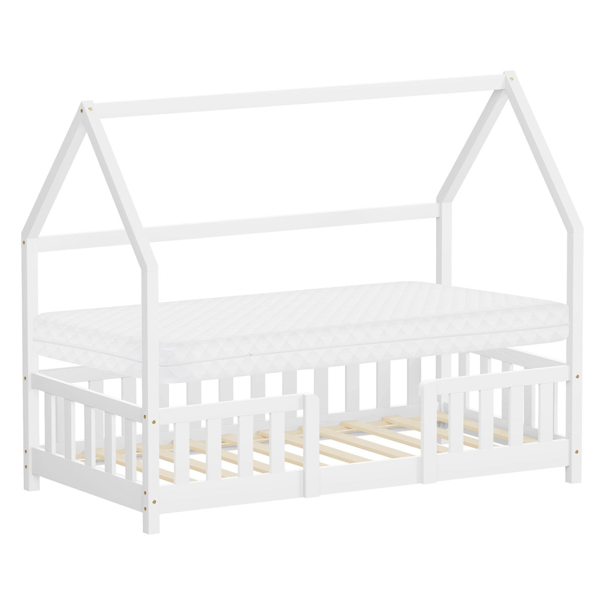 Ein einfaches, weißes Bett mit einem Matratzenauflage.