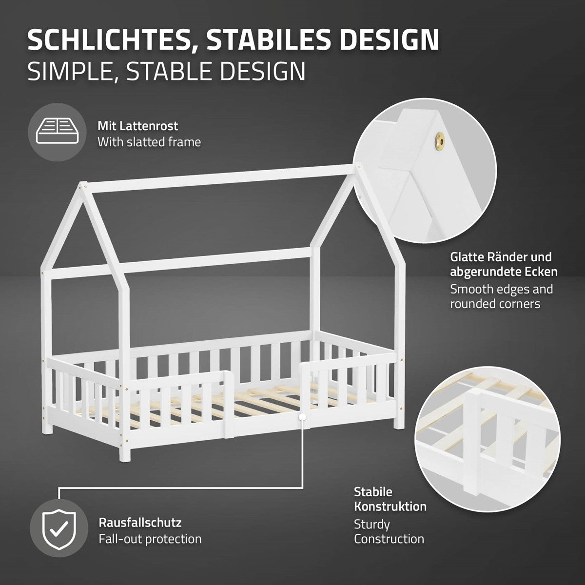 Weißes Holzhausbett mit stabiler Konstruktion und Rausfallschutz.