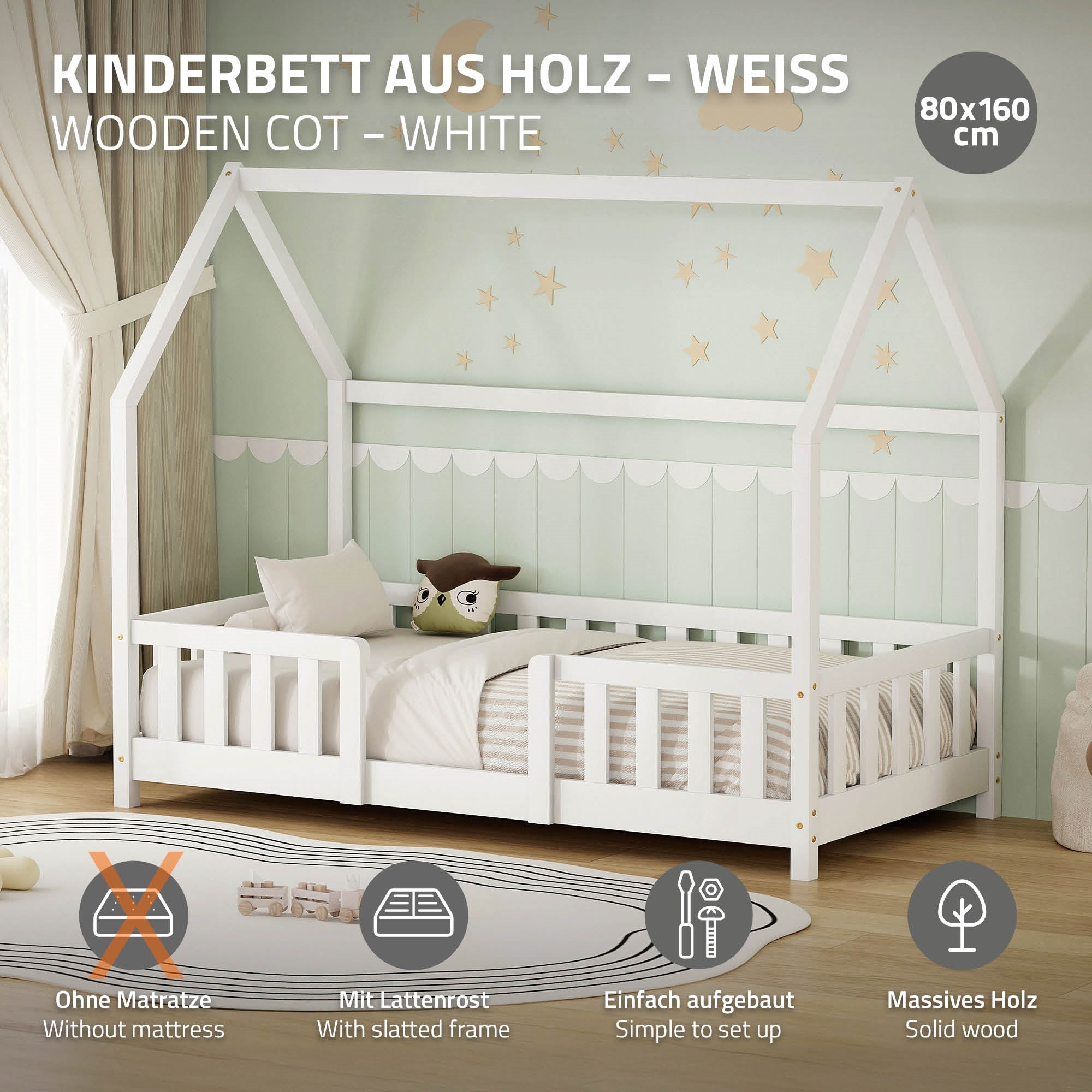 Weißes Kinderbett aus Holz mit seitlichen Gitterstäben.