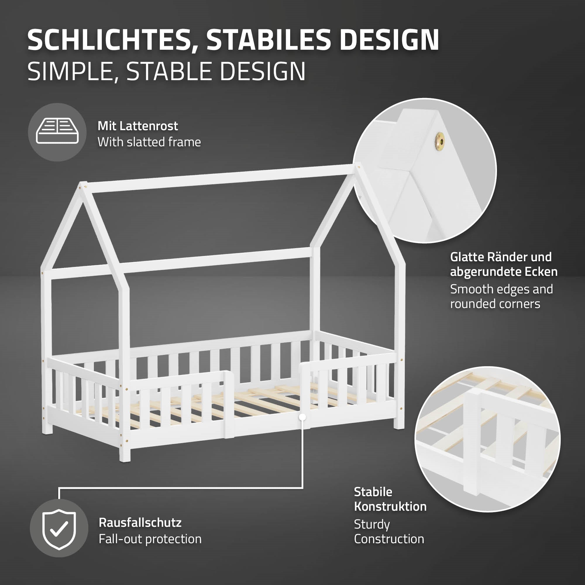 En seng med et stabilt, hvidt design og skråt tag.
