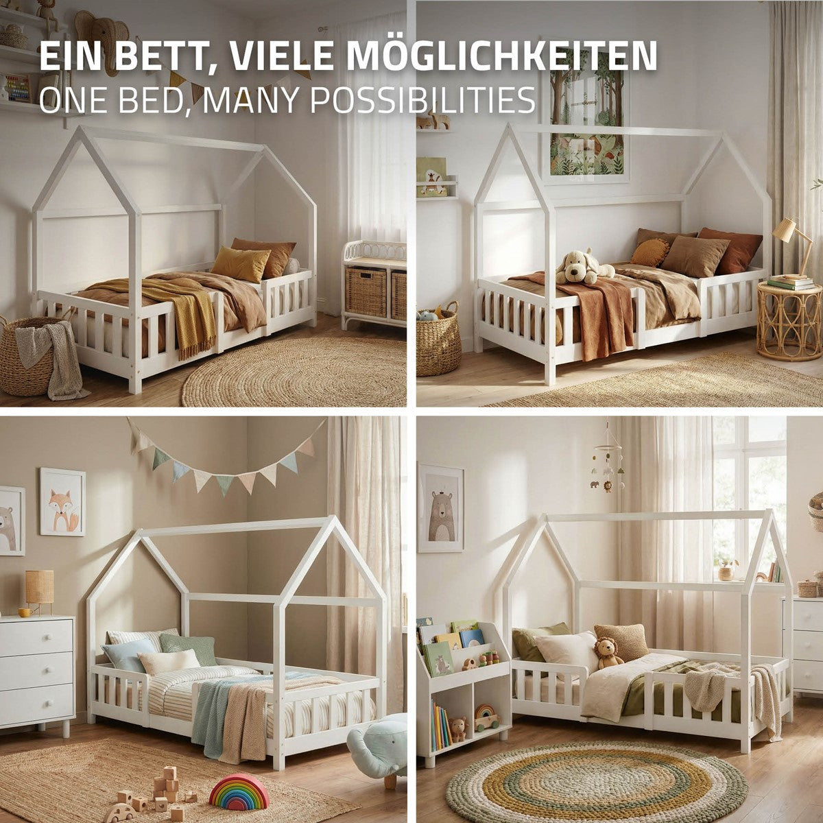 Four images of a wooden house-shaped bed, decorated with pillows and blankets.