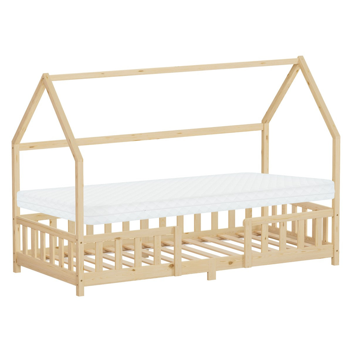 Wooden house-shaped bed with mattress, without bedding, on a light-colored floor.