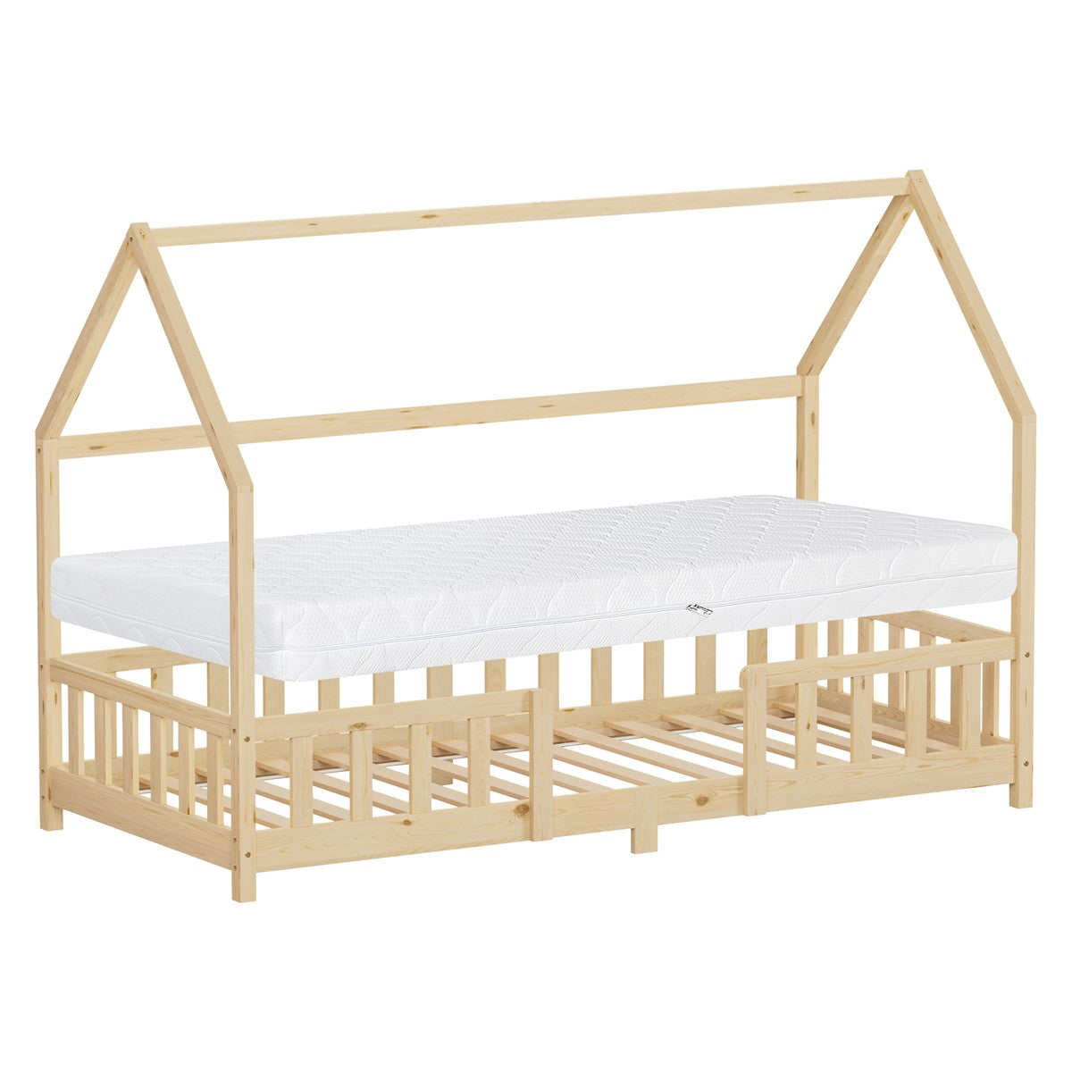 Holzbett in Hausform mit Matratze, seitlichem Gitter und offenem Lattenrost.