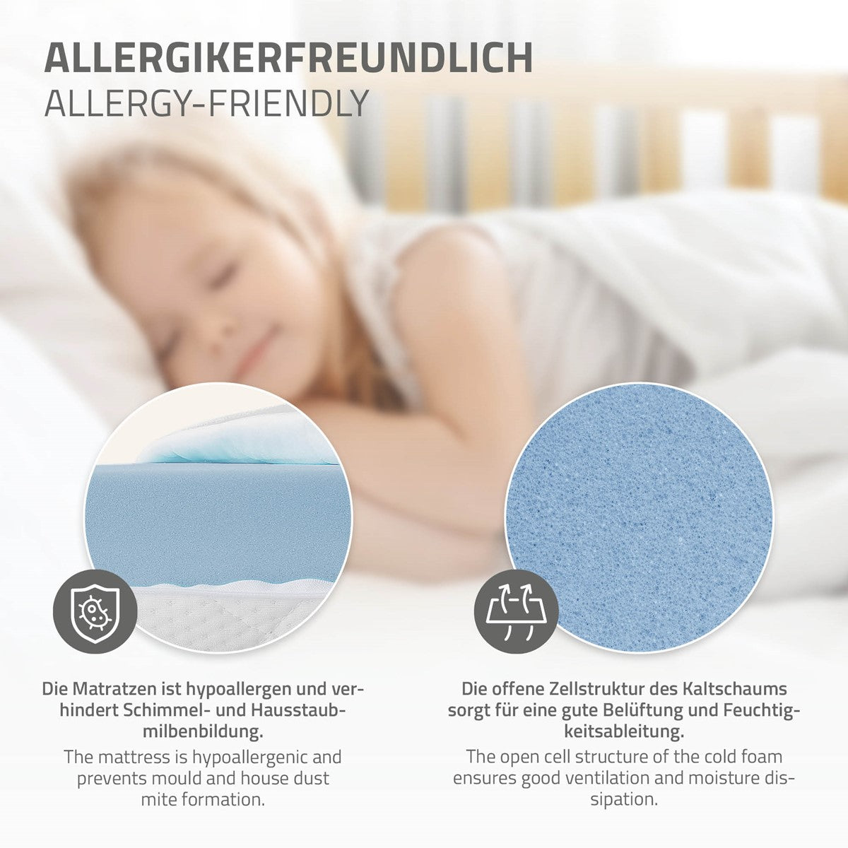 Nahaufnahme einer Matratze mit Text über Allergikerfreundlichkeit.