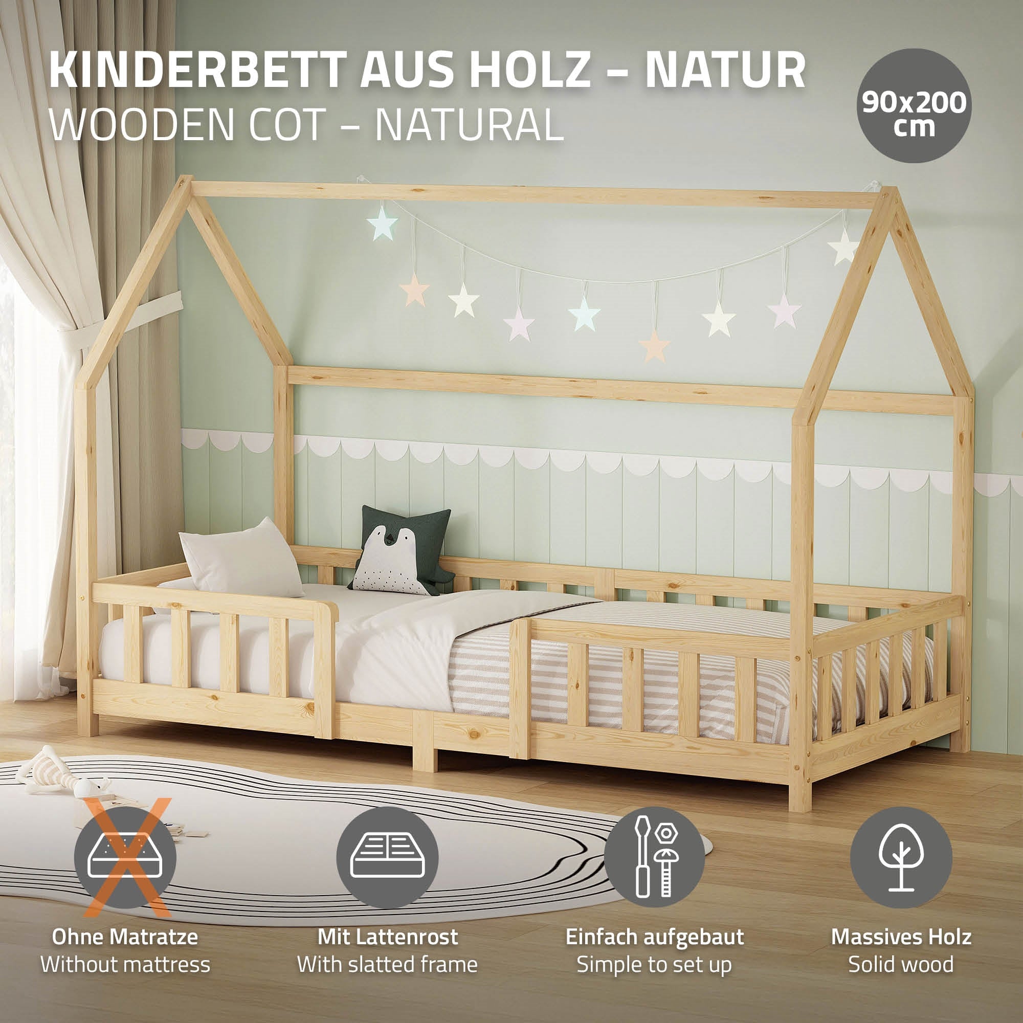Holz-Kinderbett in Naturfarbe mit Sternenlichtern und slatted frame.
