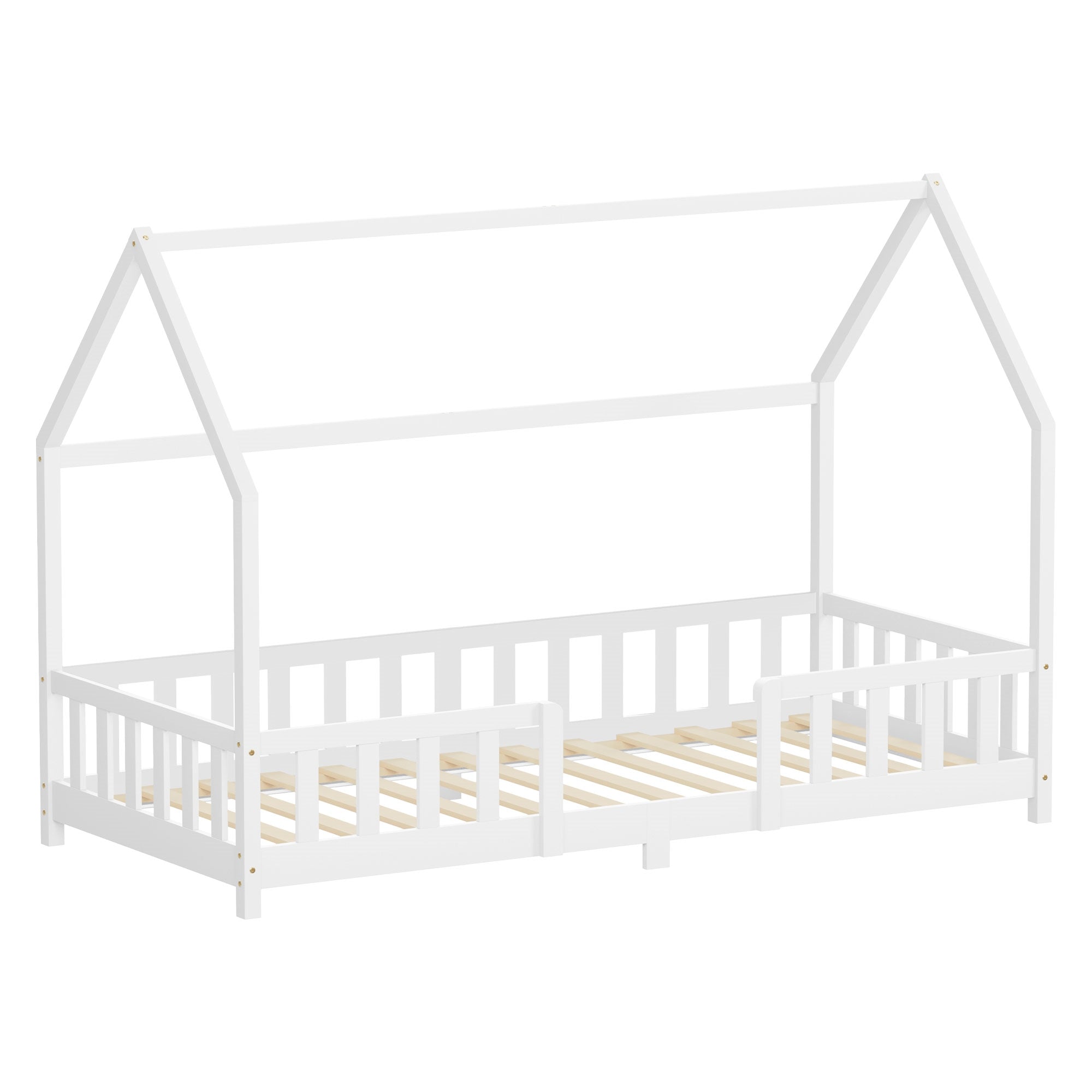 Weißes Kinderbett in Hausform mit Holzlatten.