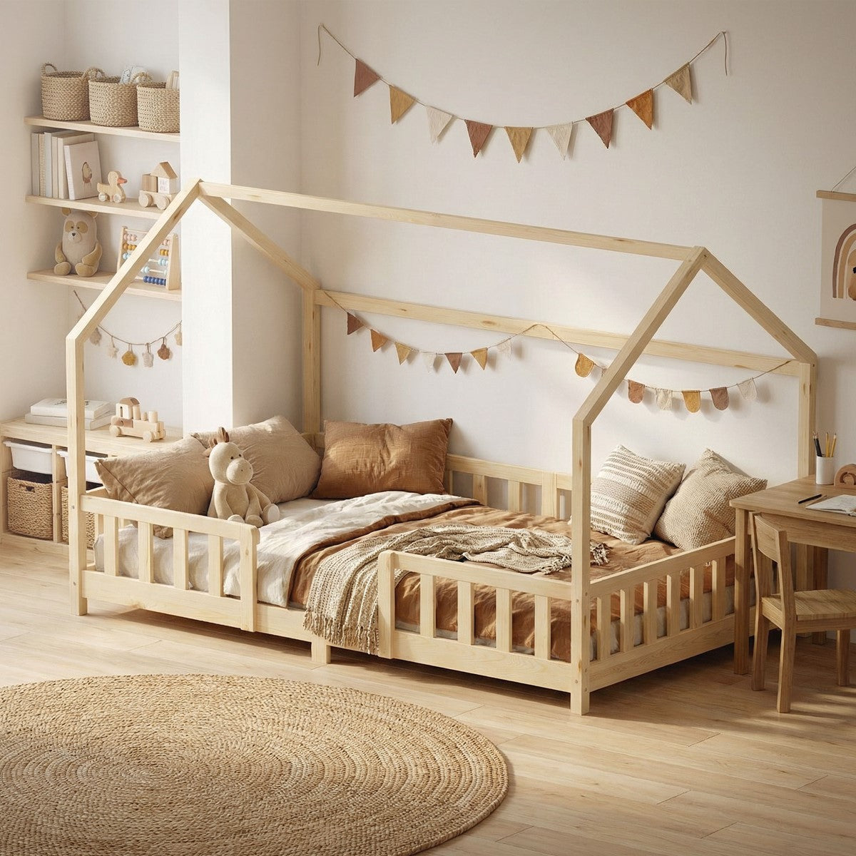 Ein Kinderzimmer mit einem Bett im Hausdesign und dekorativen Elementen.