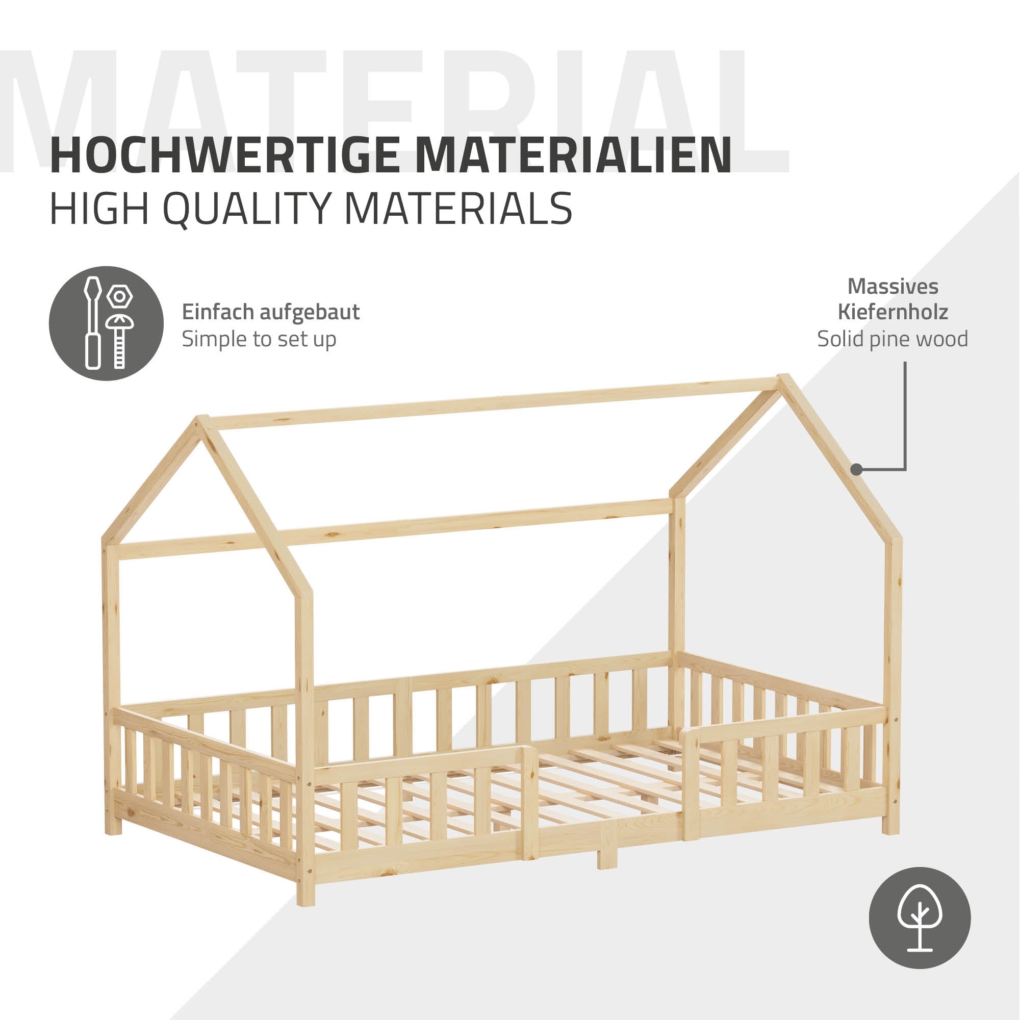 Holzbett mit Hausdach aus massivem Kiefernholz, einfache Aufbauanleitung.