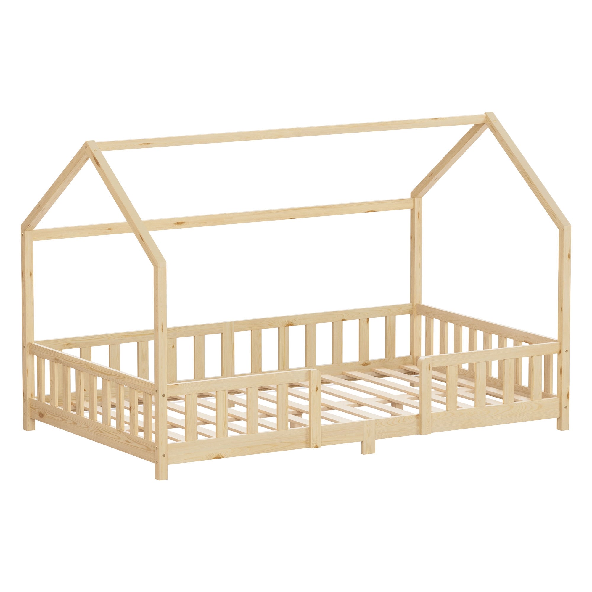 Holzbett mit Hausdach, seitliche Gitter und Lattenrost.
