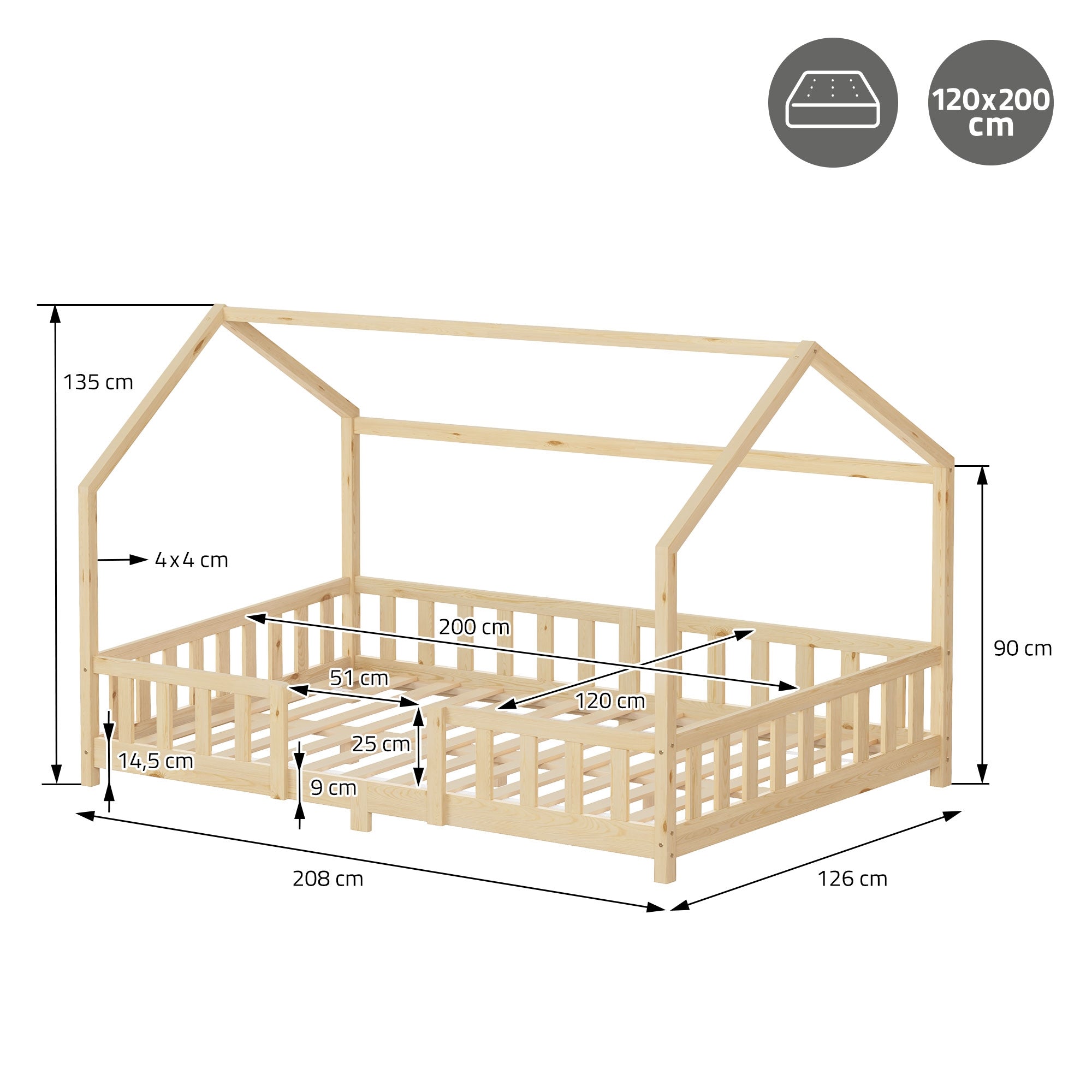 Maßzeichnung für ein Kinderbett, Maße 120x200 cm, mit Abmessungen.