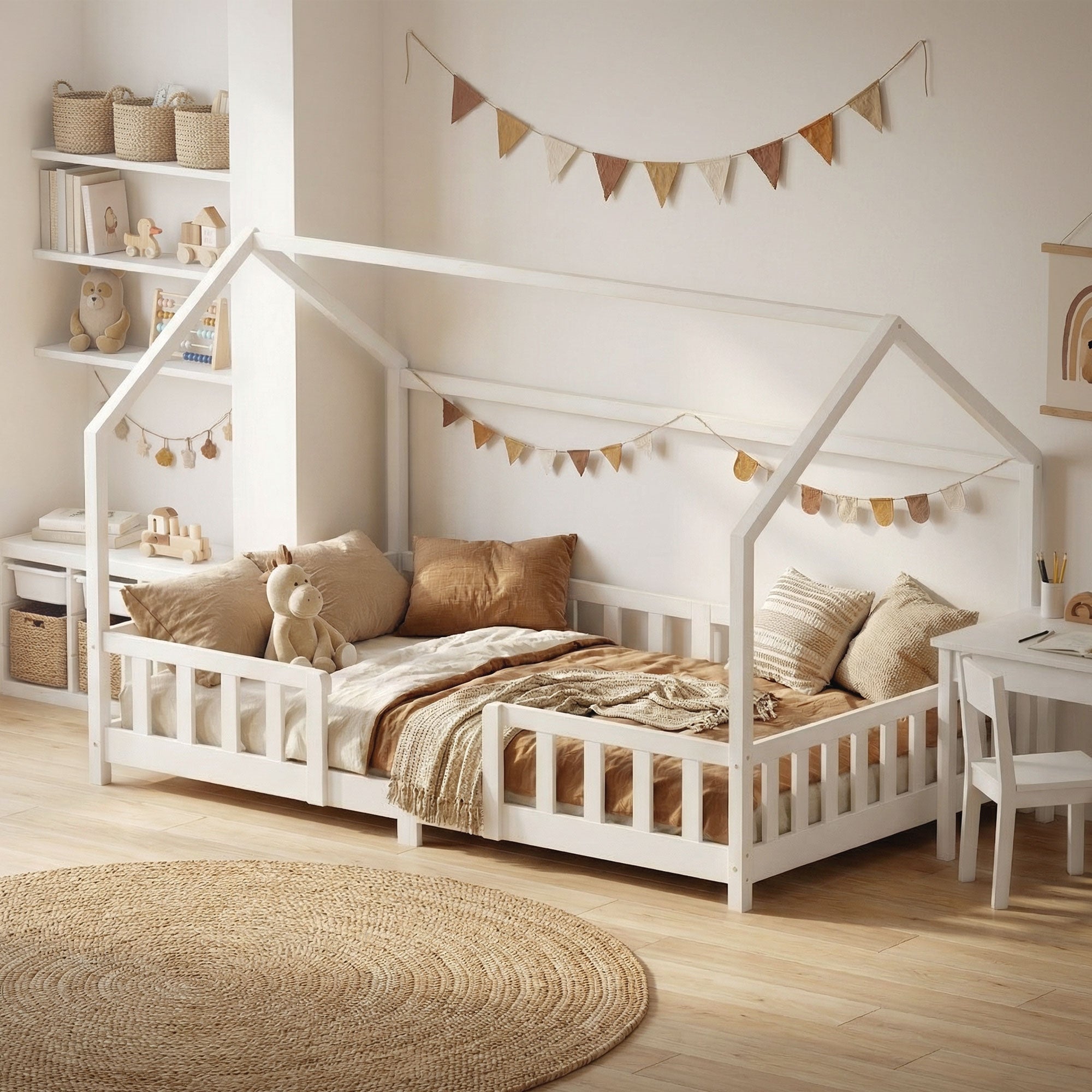Cama en la habitación infantil con almohadas, mantas y decoración de pared.