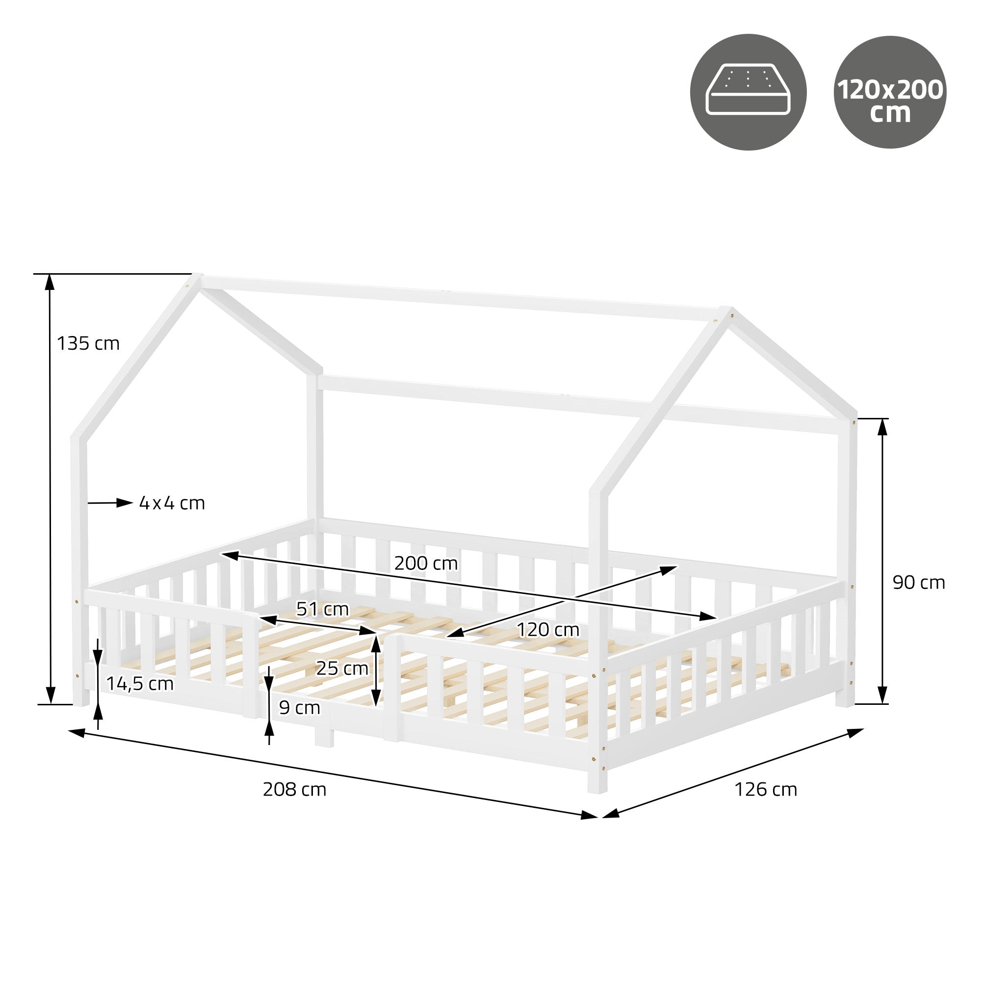 Dibujo de medidas para una cama infantil con dimensiones.