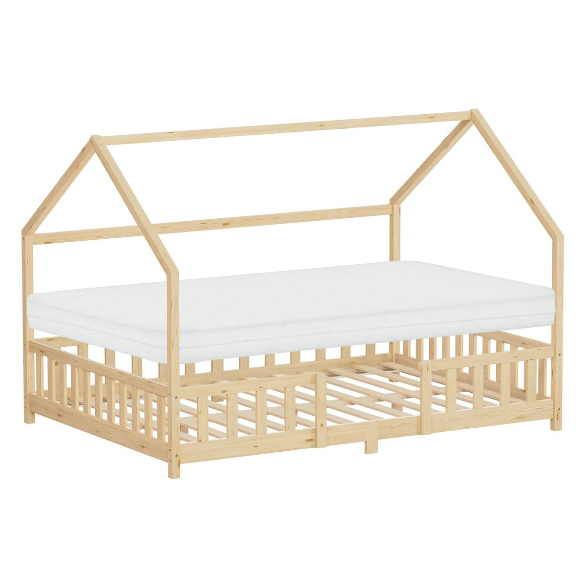 Holzbett mit Dachstruktur und Matratze, ohne Bettwäsche.