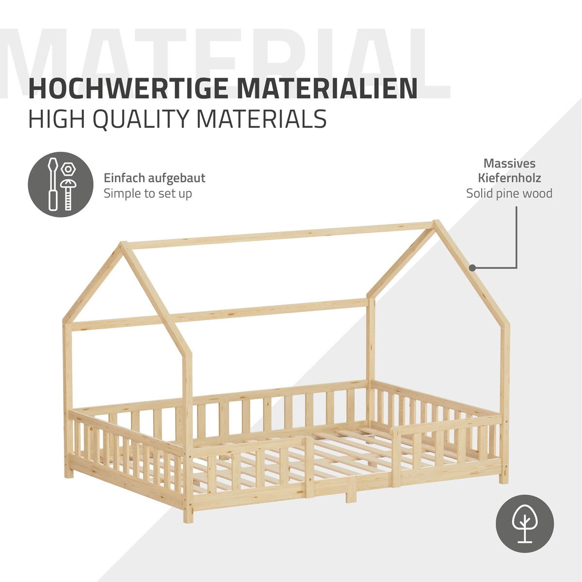 Cama con estructura de madera en forma de casa sobre un fondo claro.