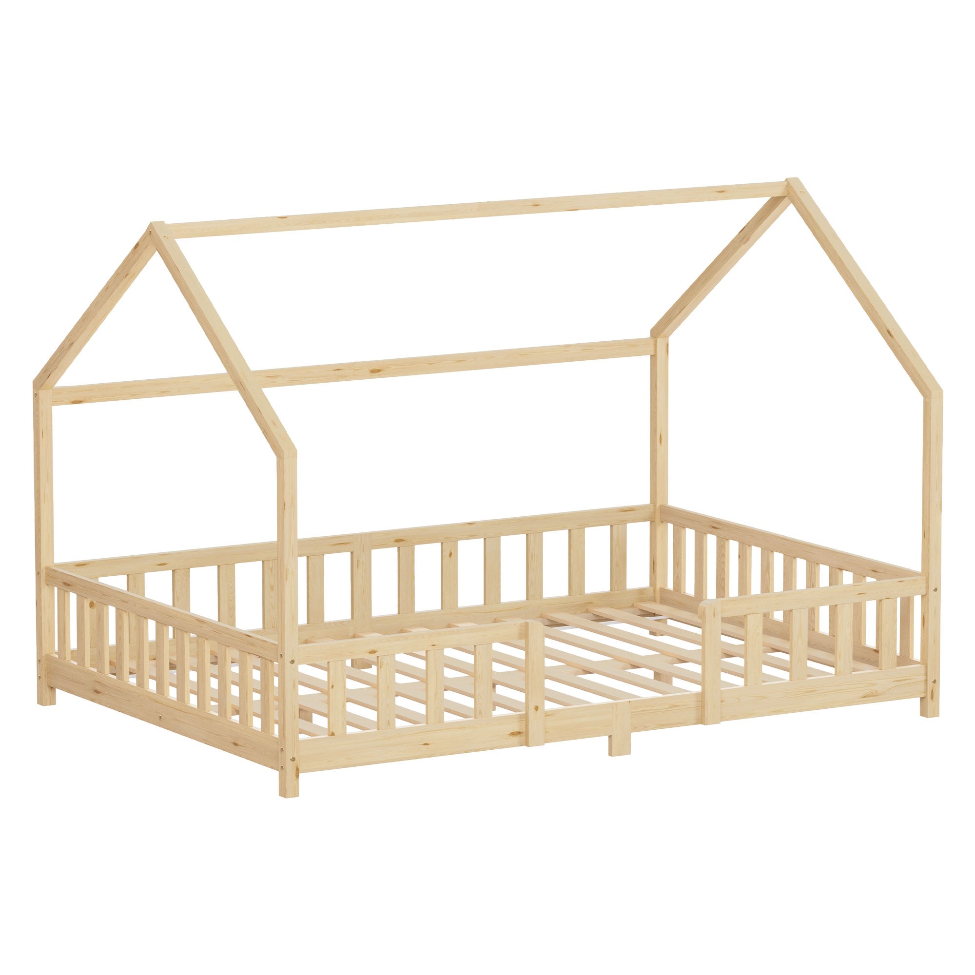 Holzrahmenbett in Dachform, ohne Matratze.