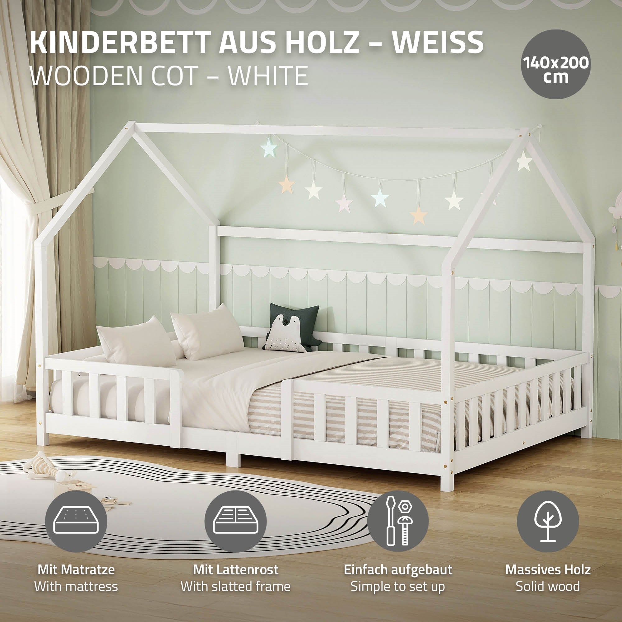 Holz-Kinderbett in Weiß mit Matratze und Lattenträger.