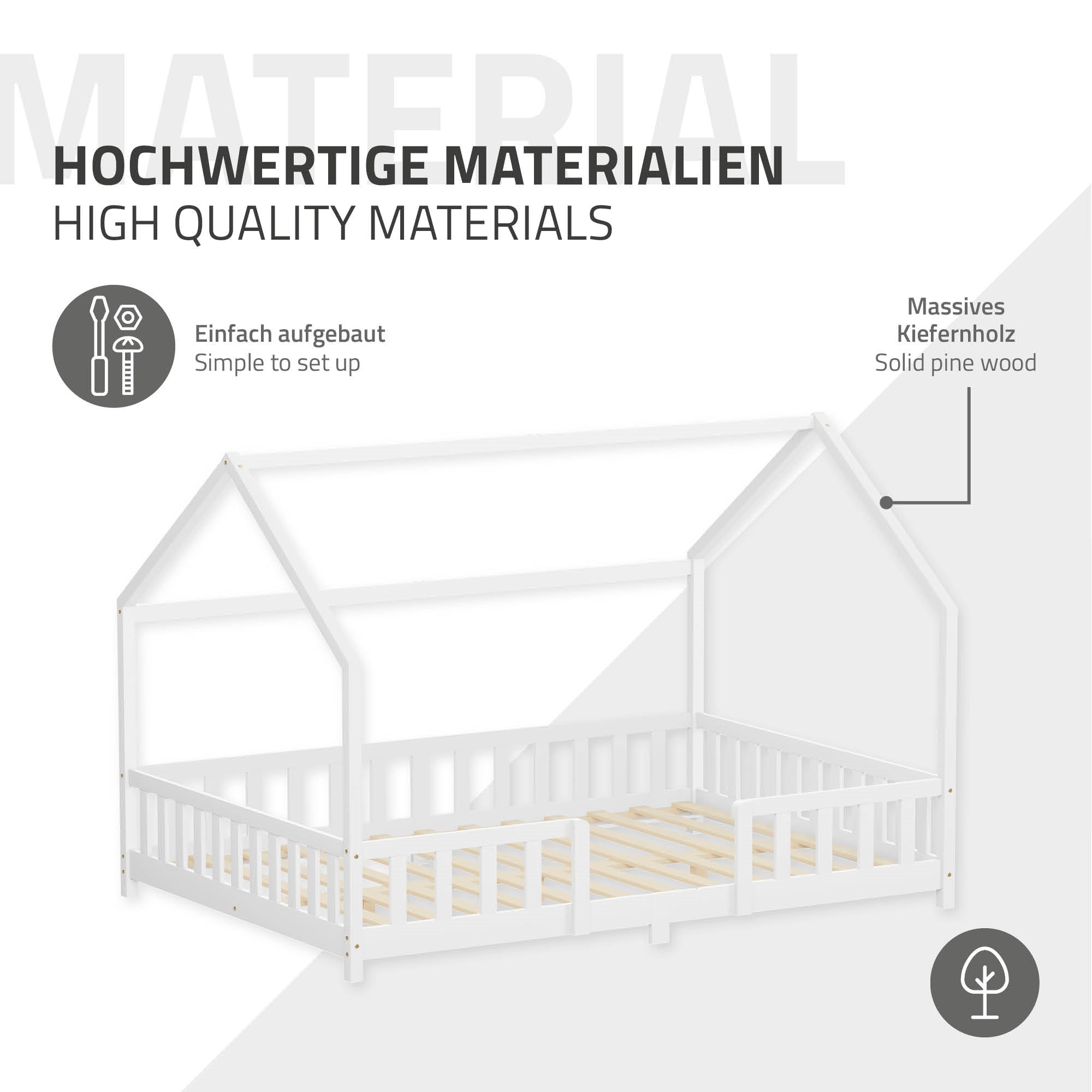 Ein Bett aus massivem Kiefernholz mit einem Hausdesign.