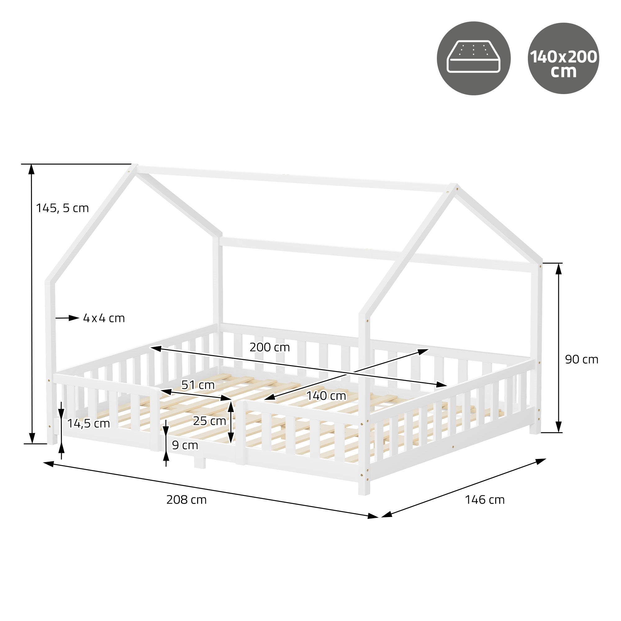 Bettgestell in Hausform mit Abmessungen 208x146 cm.