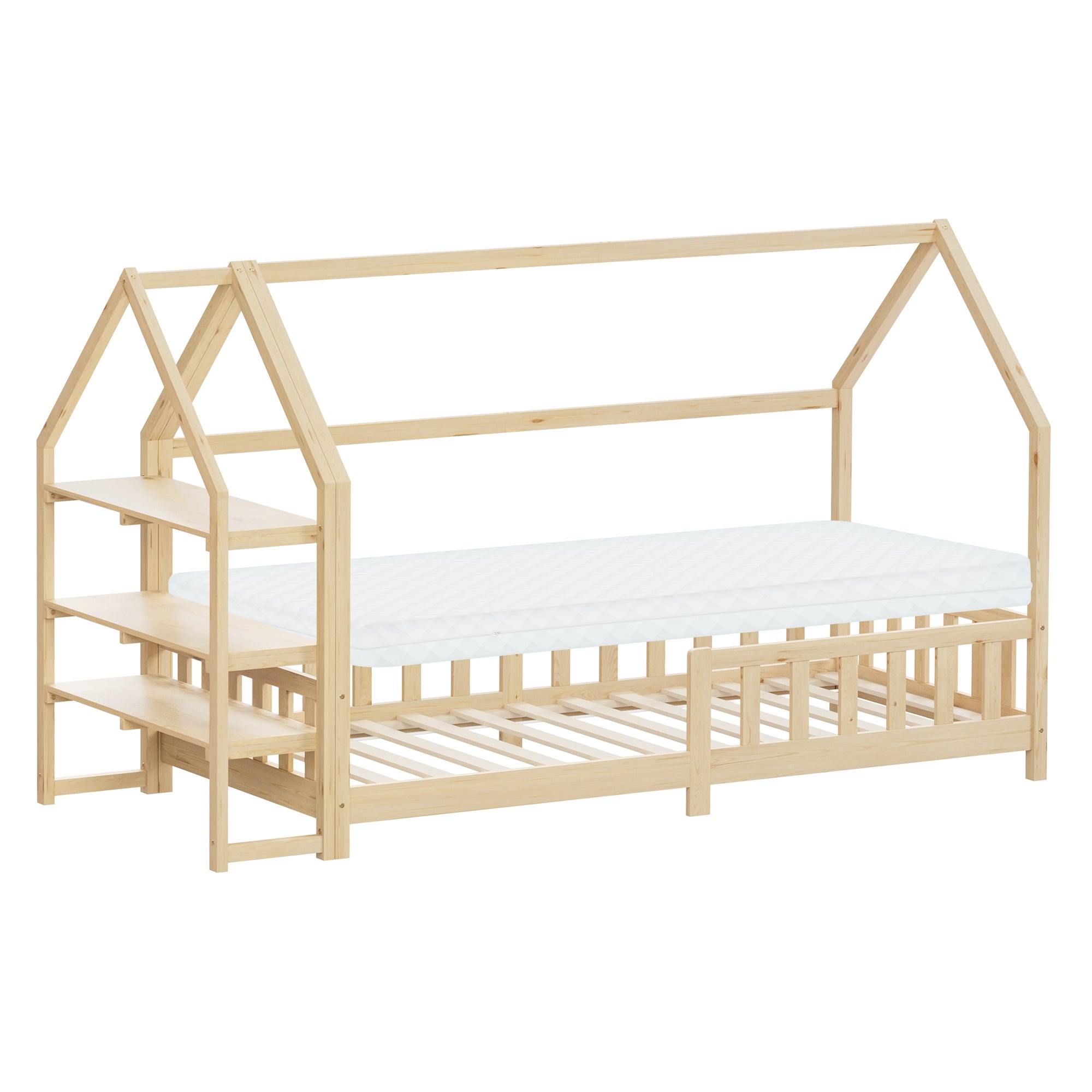 Ein Holzhausbett mit Matratze und Regal, auf einem hellen Hintergrund.