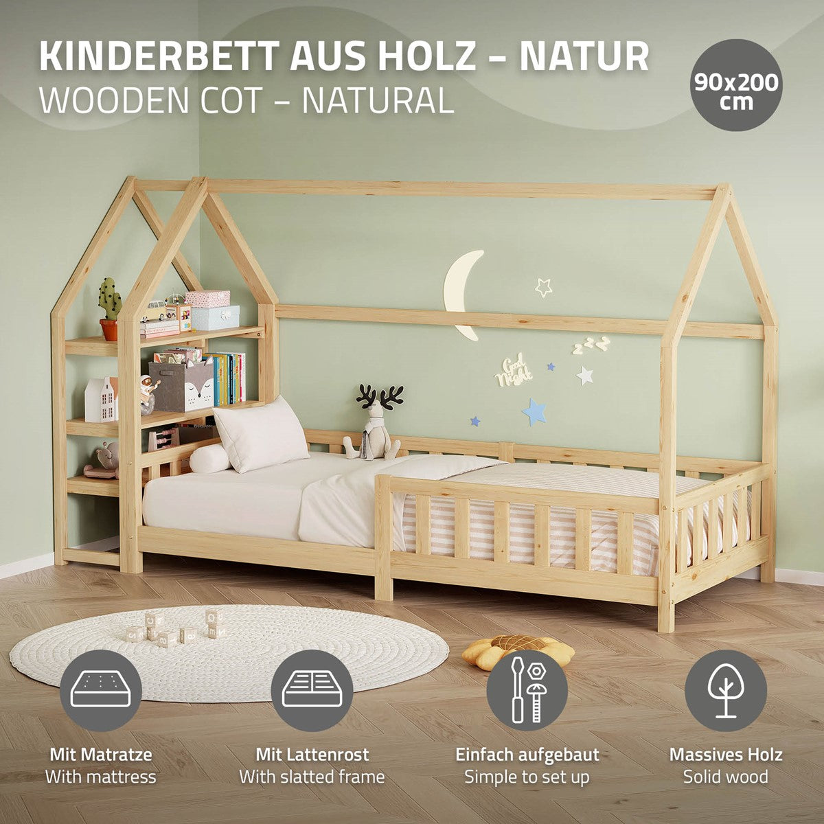 Holz-Kinderbett mit Matratze und Lattengestell.
