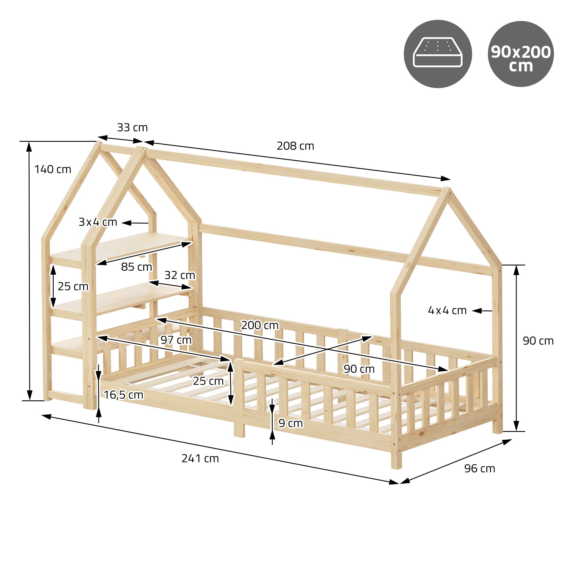 Holzrahmenbett in Hausform mit Maßangaben und Abmessungen.