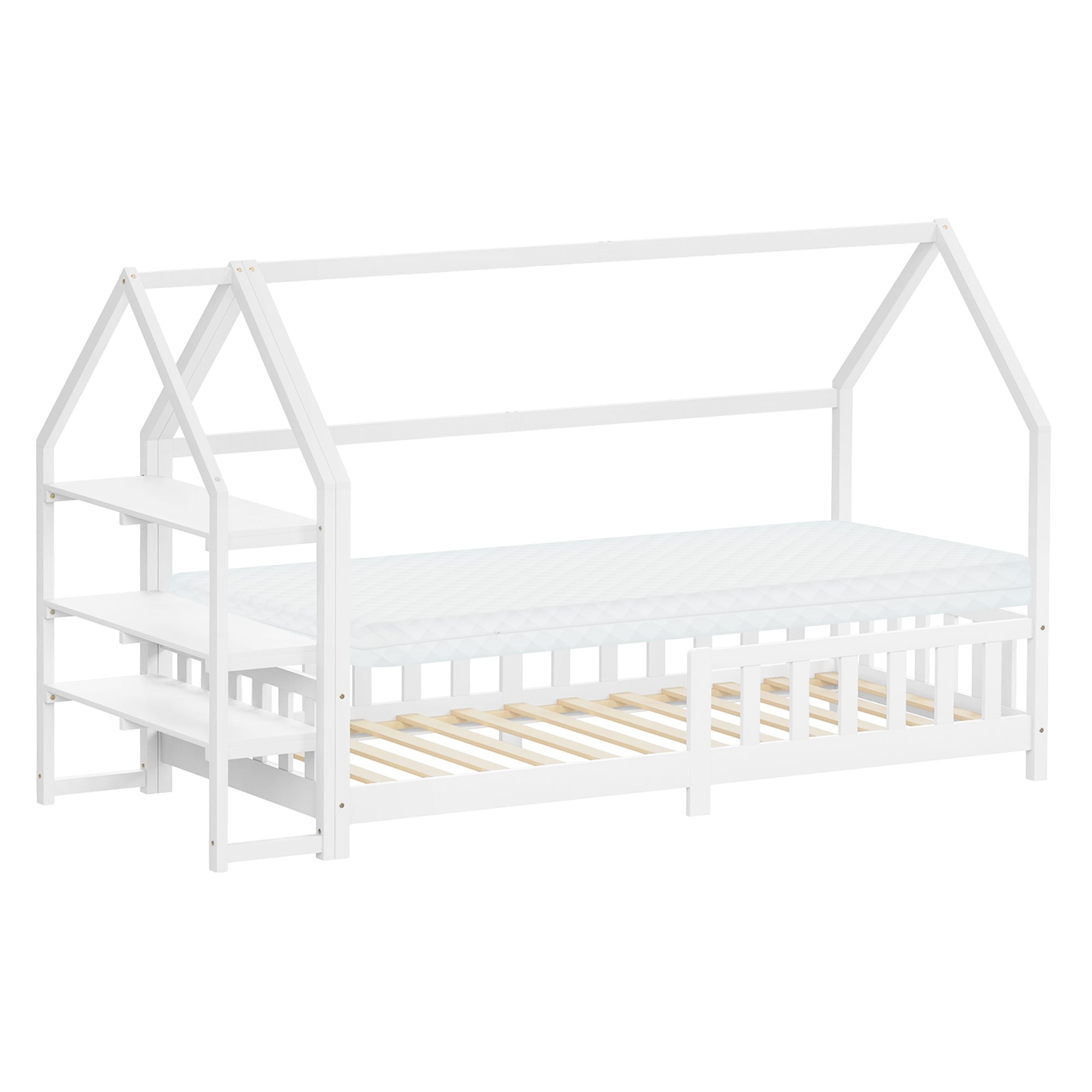 Weißes Bett mit Dach und Matratze, auf einem hellen Boden.
