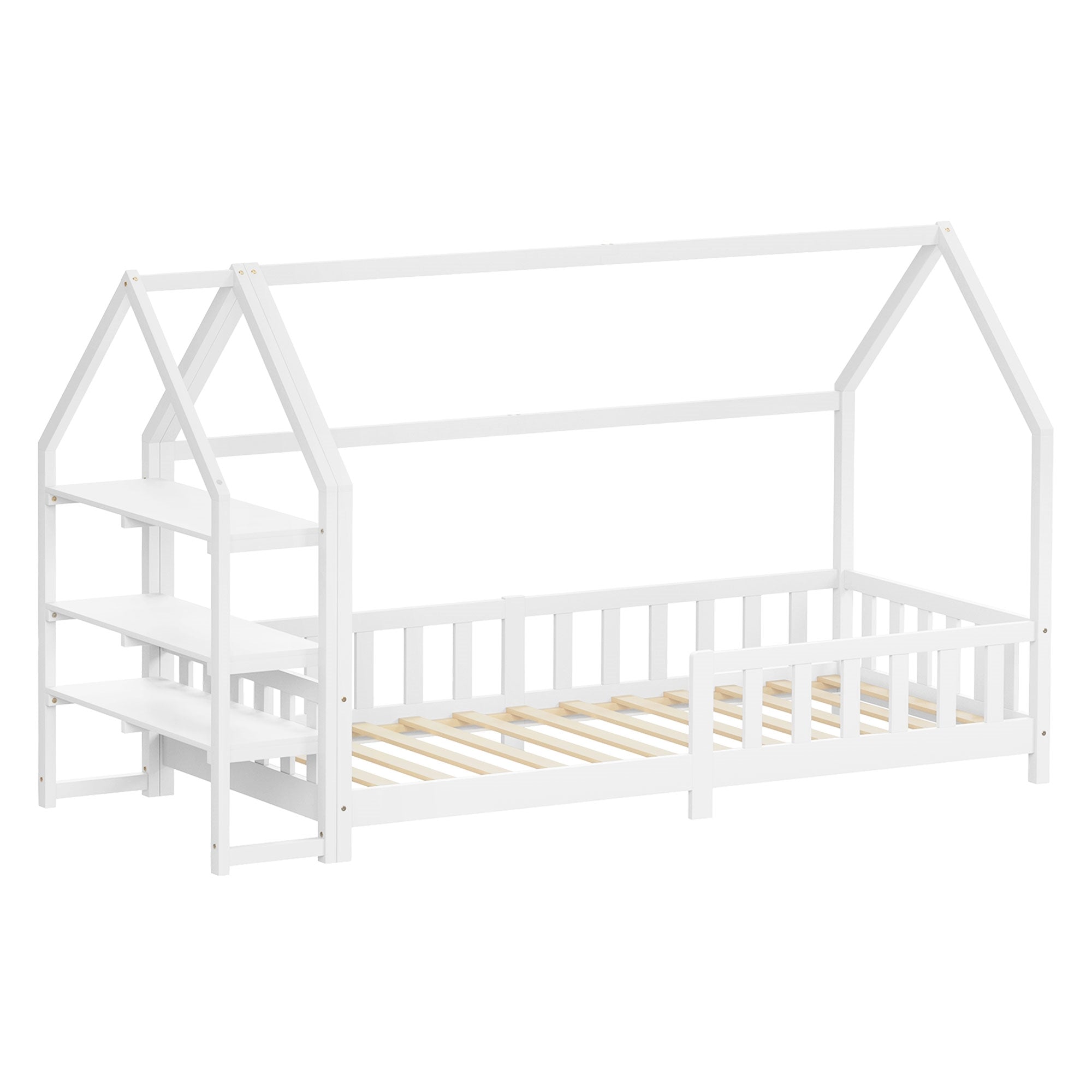 Weißes Kinderbett in Hausform mit offenen Regalen und Gitter.