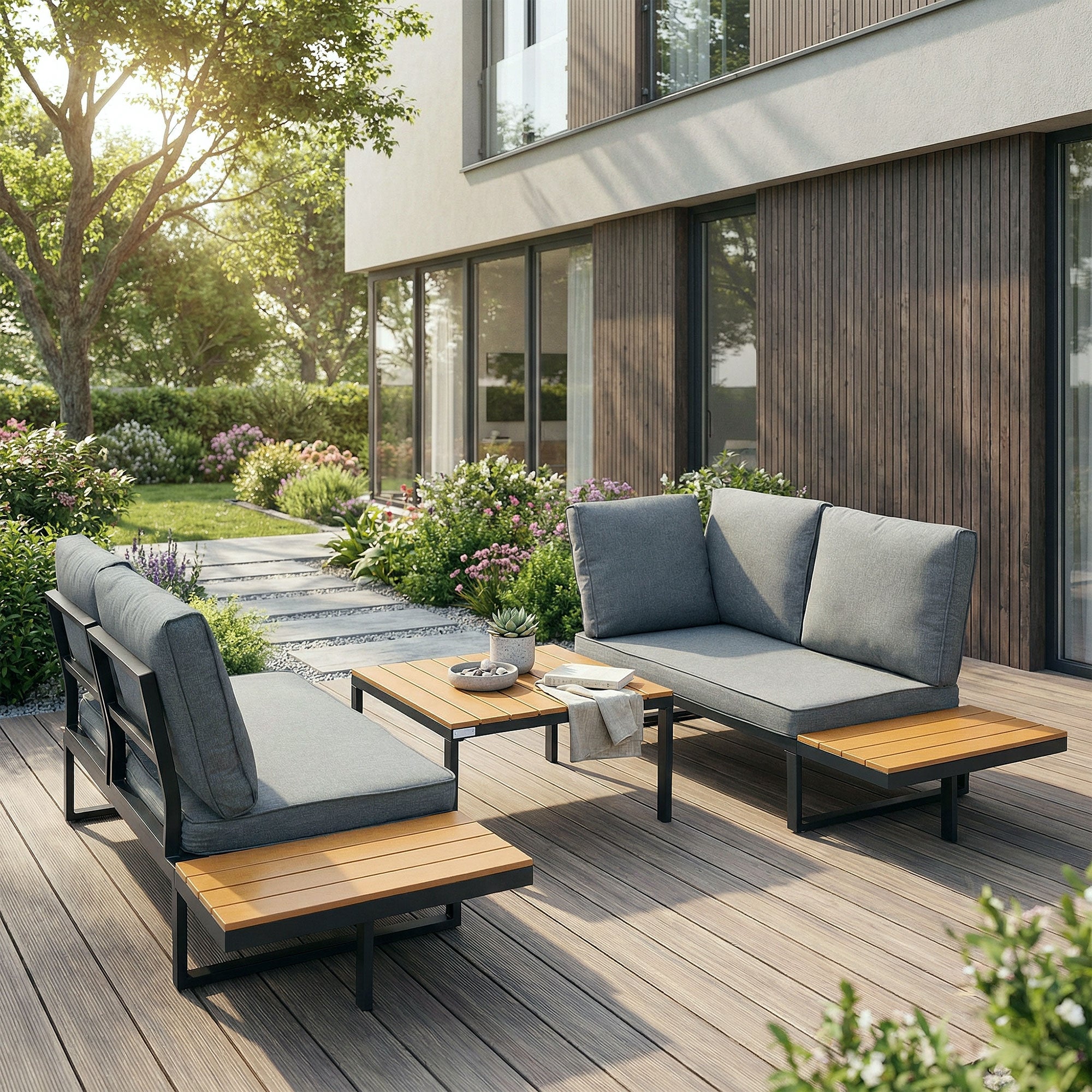 Groupe de sièges sur une terrasse avec des éléments en bois et en tissu.