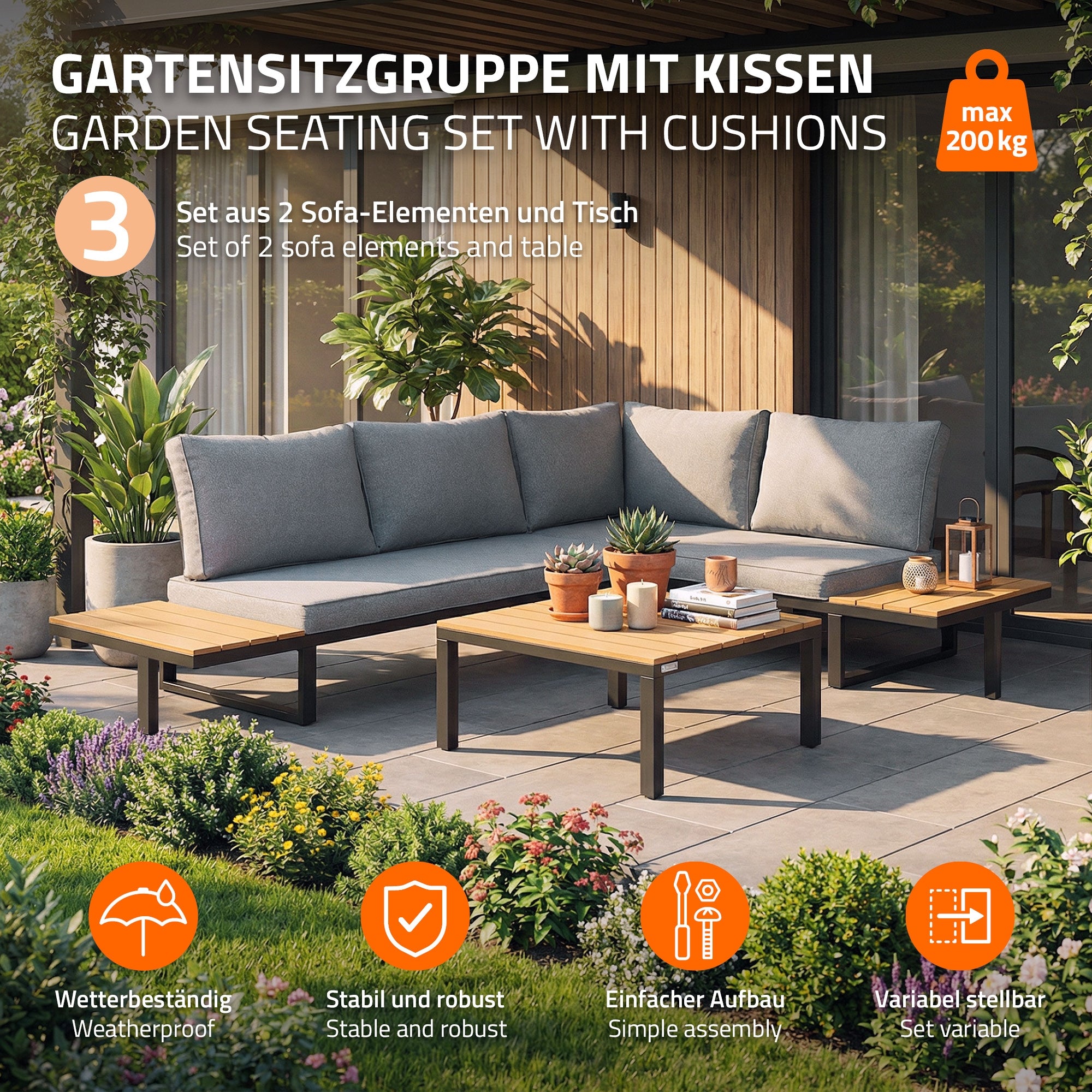 Gartensitzgruppe mit Kissen auf einer Terrasse.
