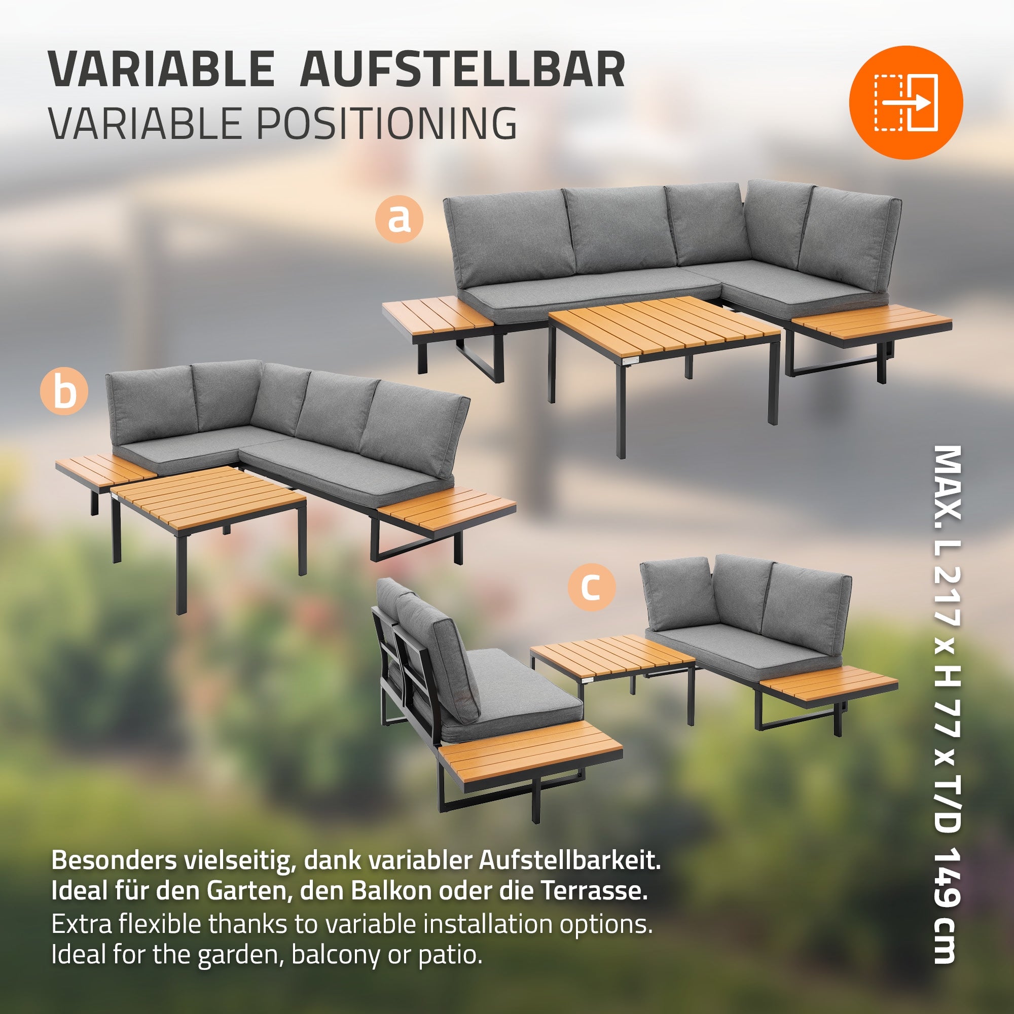 Ensemble de meubles de jardin avec disposition variable et coussins gris.