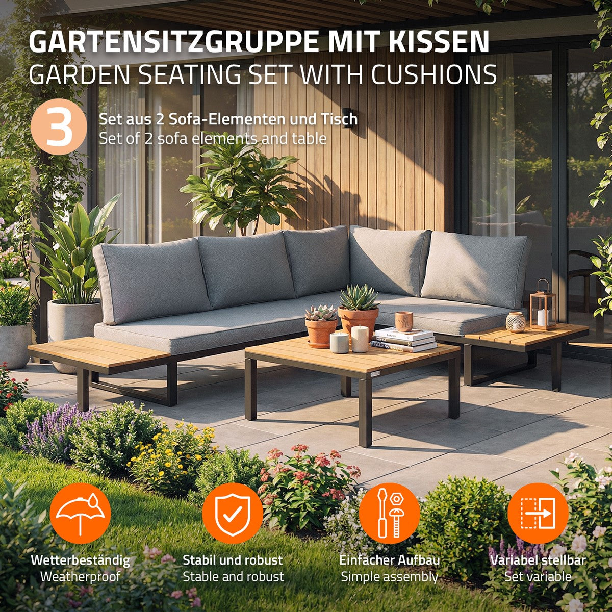Gartensitzgruppe mit Kissen auf einer Terrasse, bestehend aus Sofa und Tisch.