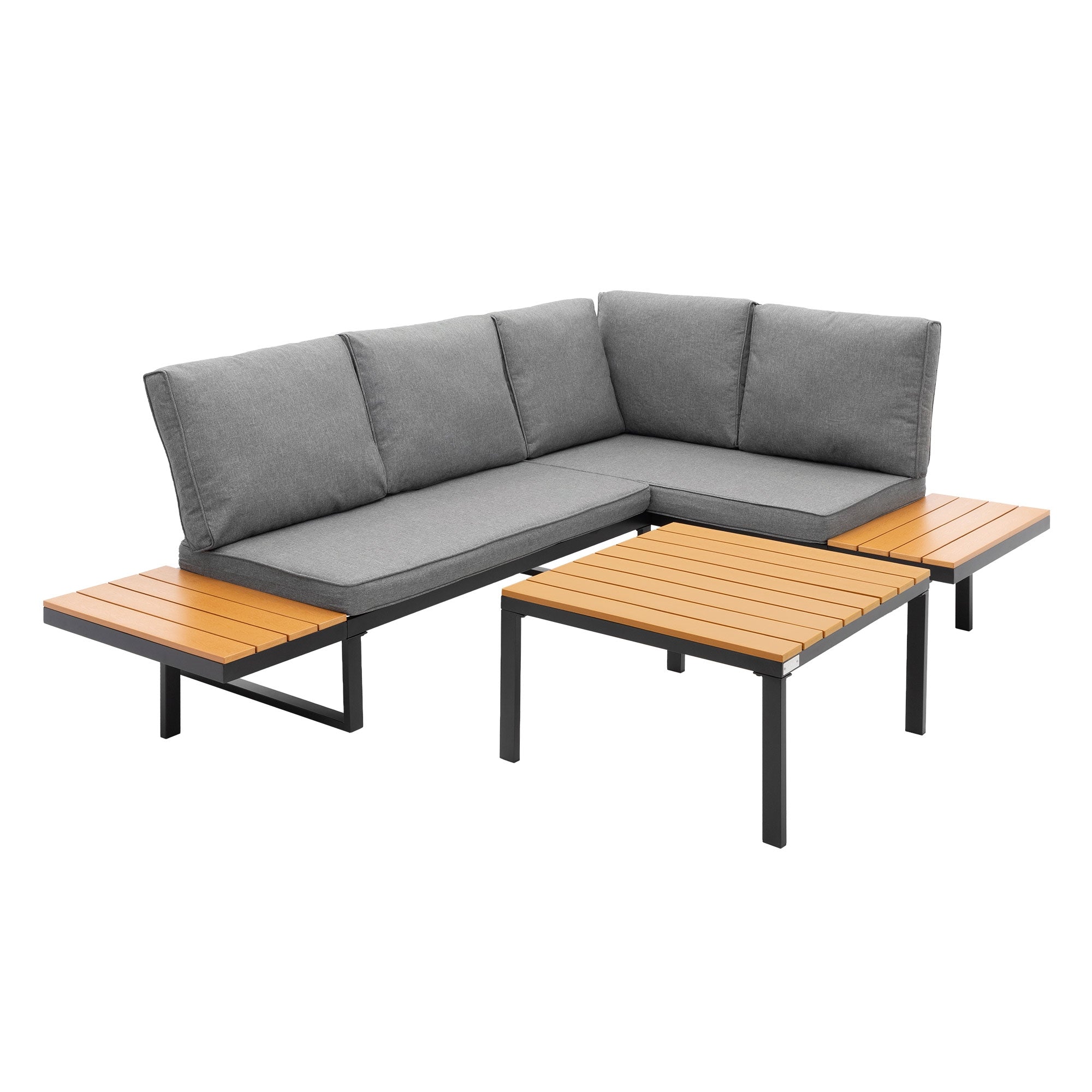 Ecksofa mit grauem Bezug und Holzablagen auf einer Terrasse.