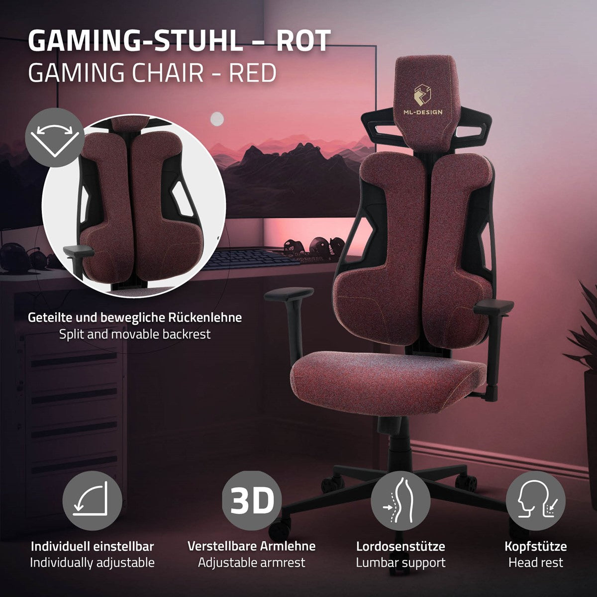 Una sedia da gaming rossa con braccioli e schienale regolabili.