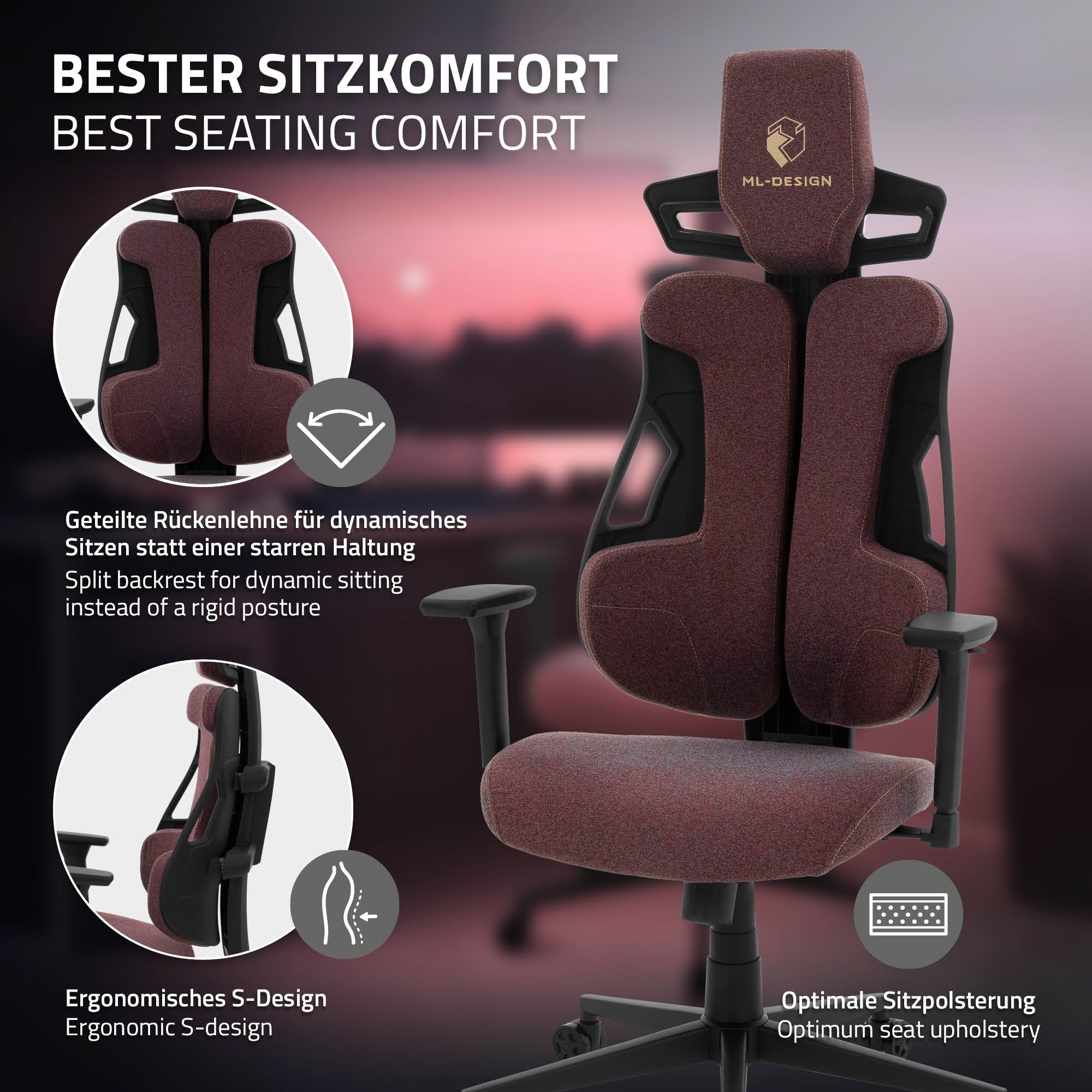 Grafik mit Informationen zu einem ergonomischen Stuhl in rot.