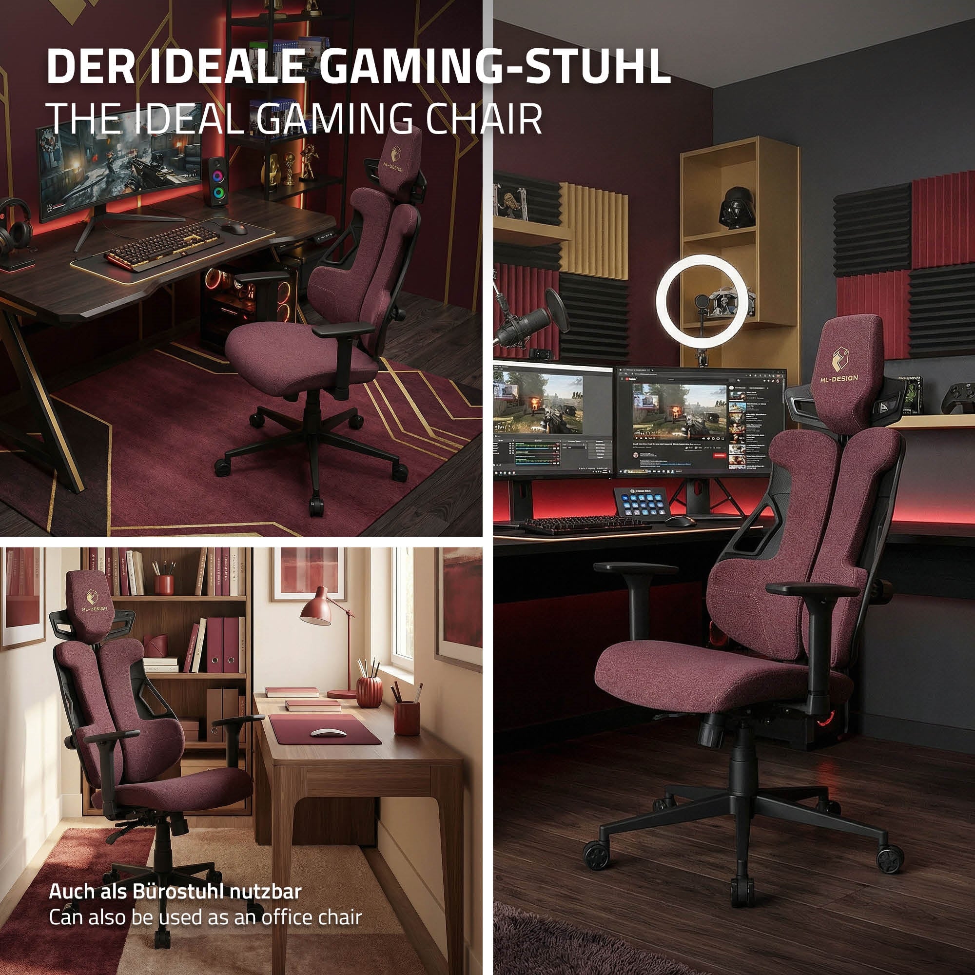 Ein roter Gaming-Stuhl in einem modernen Büro mit zwei Monitoren.