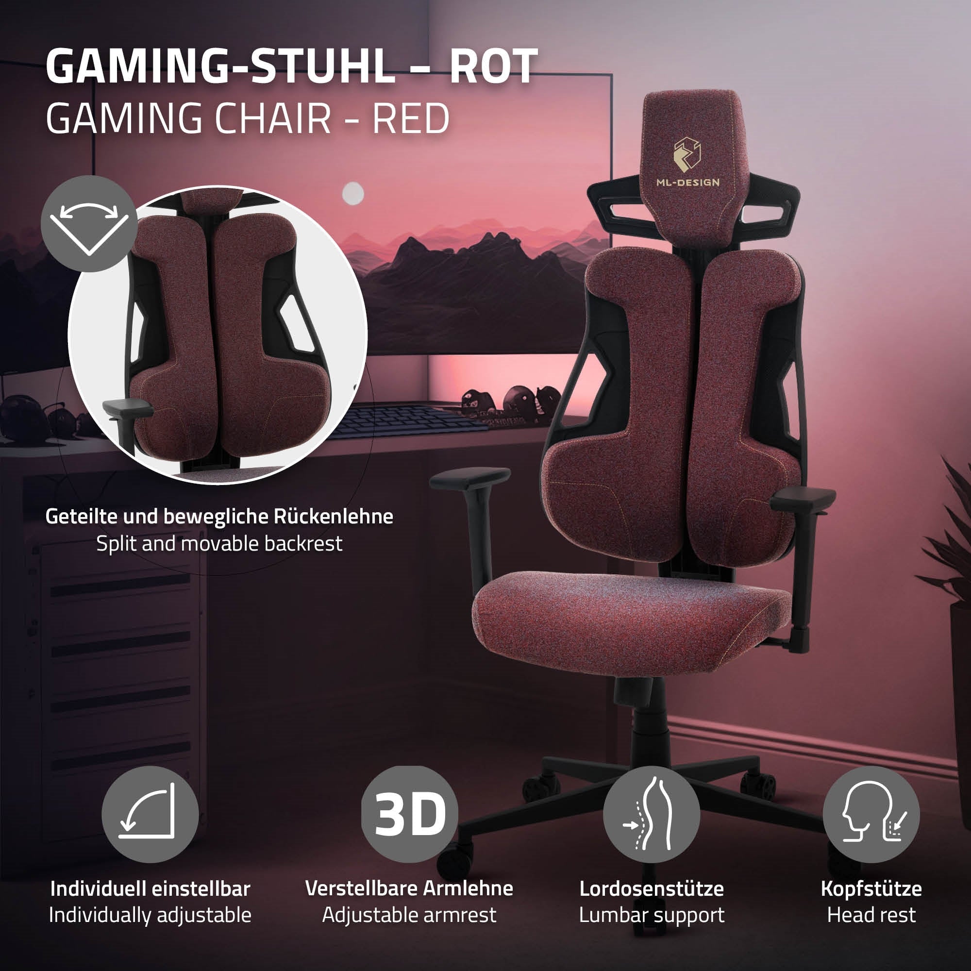 Ein roter Gaming-Stuhl mit verstellbaren Armlehnen und Rückenlehne.