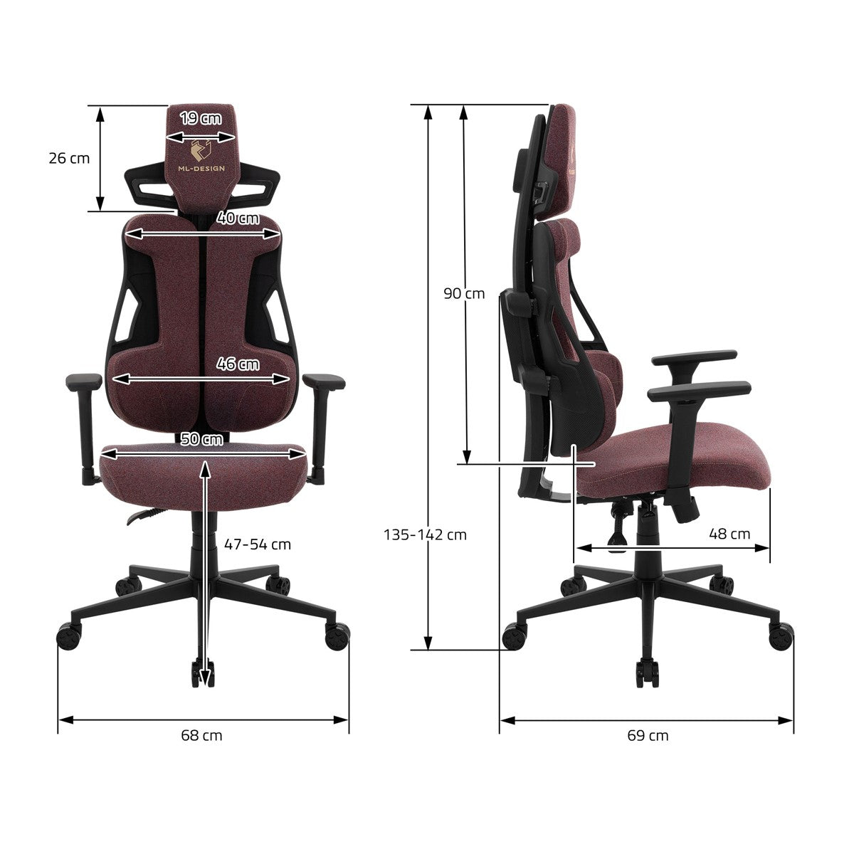 Disegno tecnico di una sedia da ufficio con misure in cm.