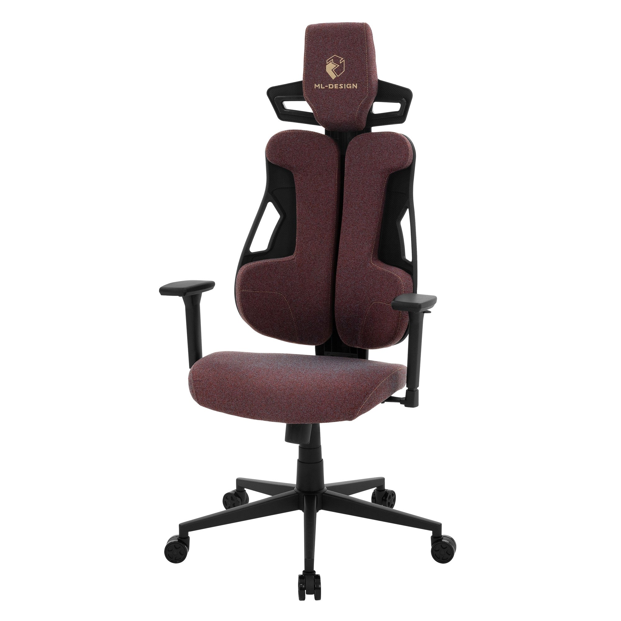 Bürostuhl mit hoher Rückenlehne und Armlehnen in dunklem Rot.