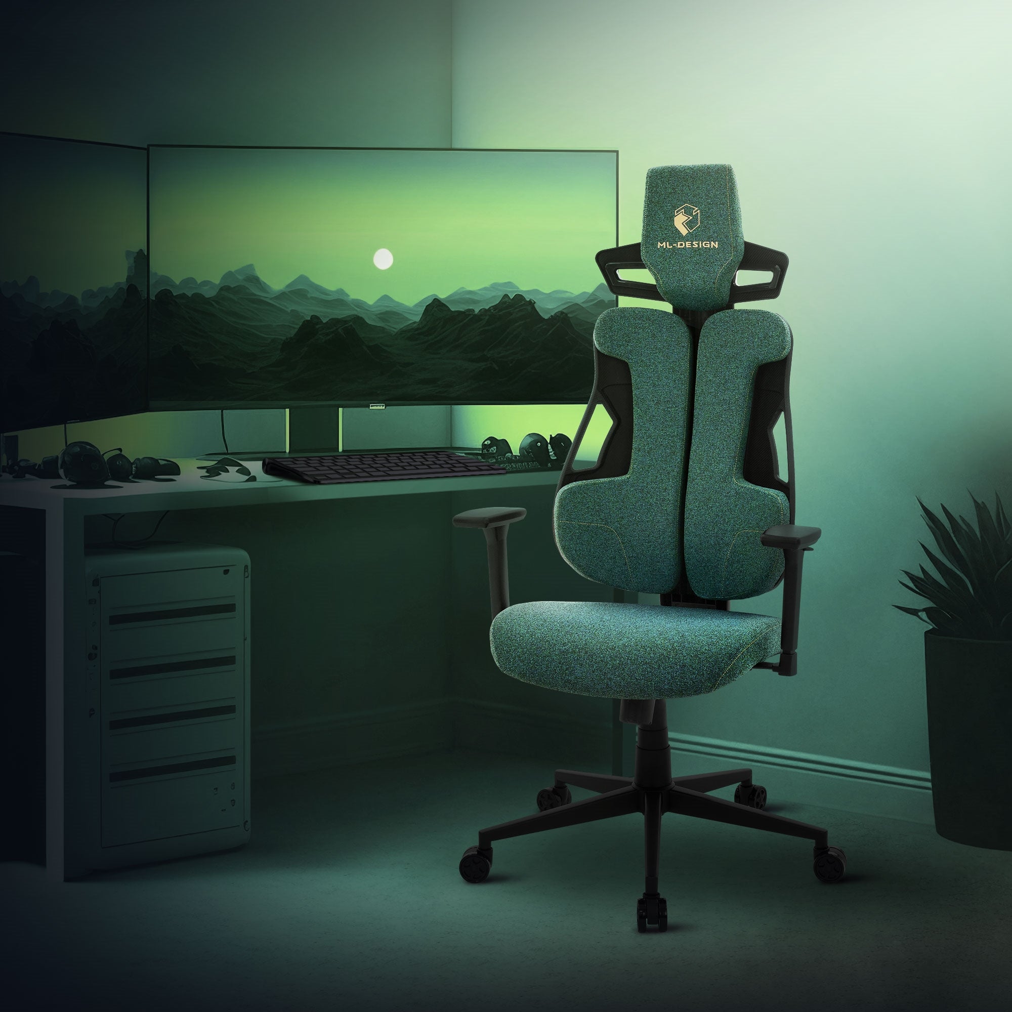 Ein Gaming-Stuhl vor zwei Monitoren in einem dunklen Raum mit Pflanzen.