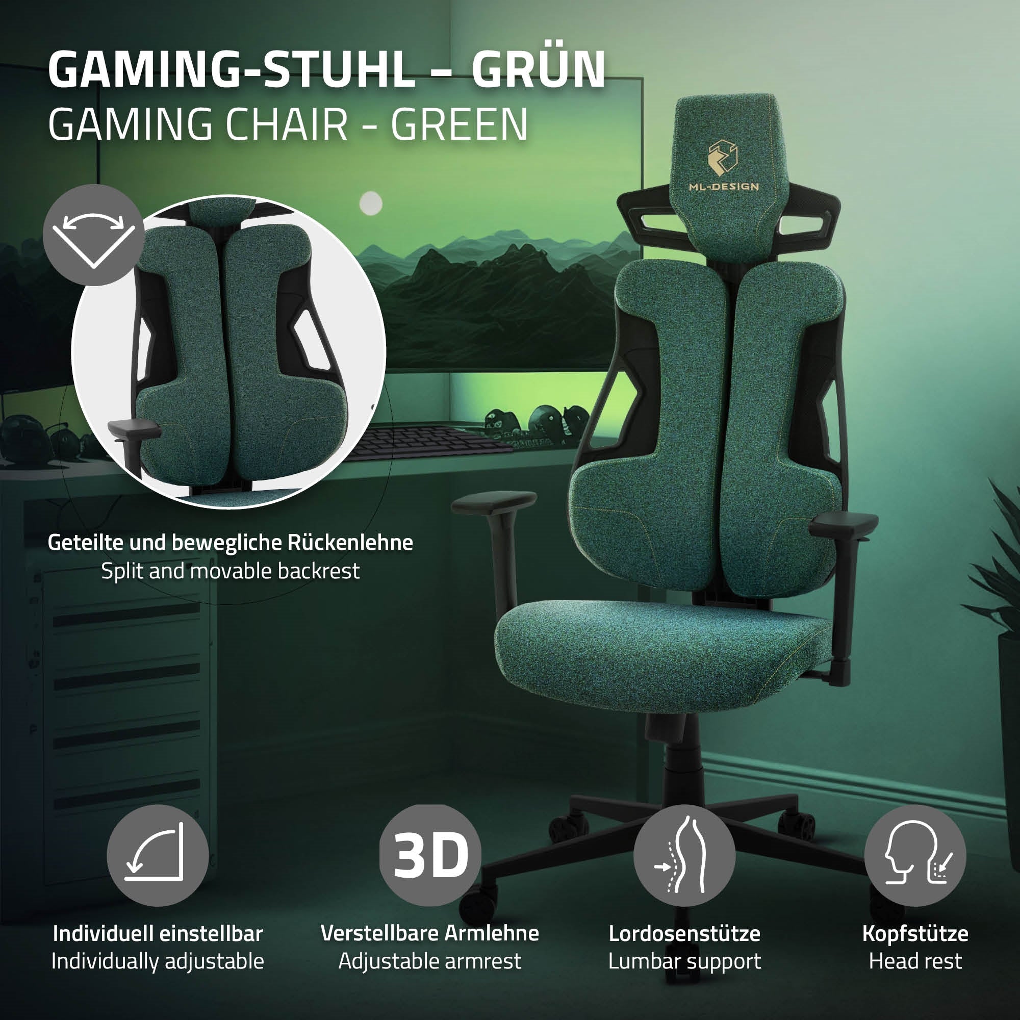 Grafik eines grünen Gaming-Stuhls mit Funktionen und Anpassungsmöglichkeiten.