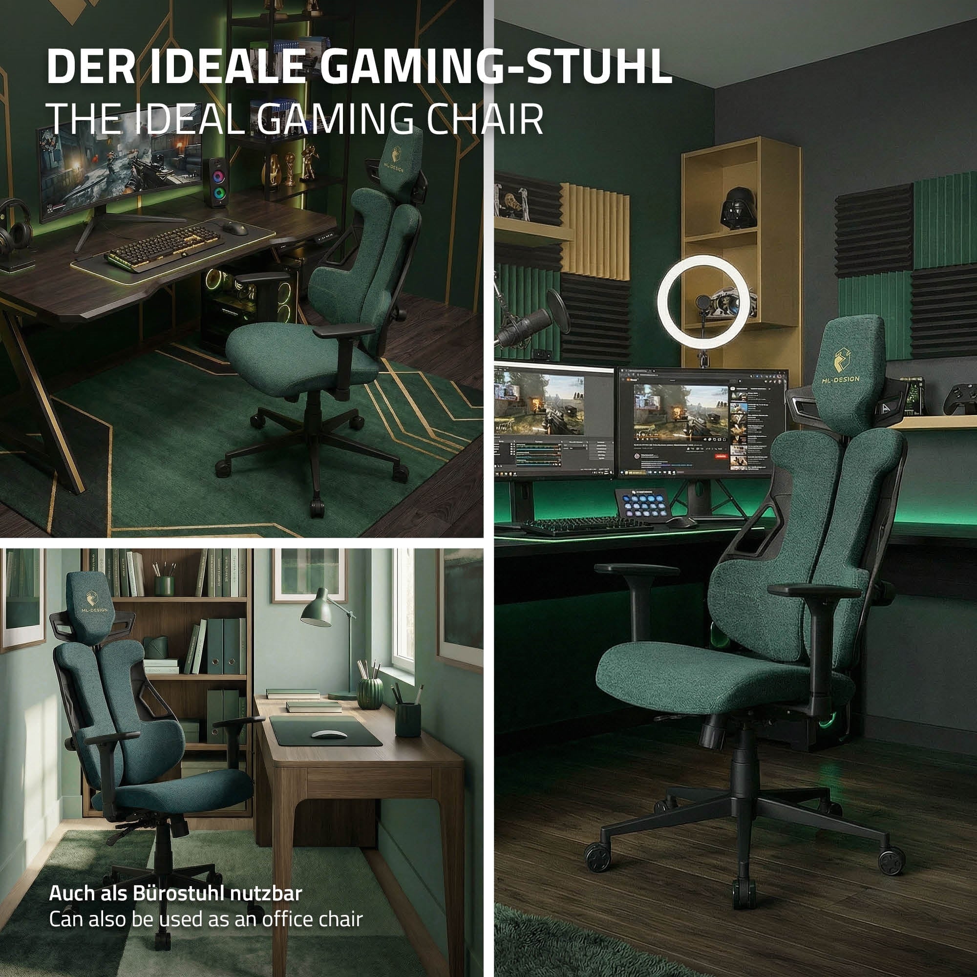 Ein Gaming-Stuhl in einem modernen Raum mit Schreibtisch und Computer.