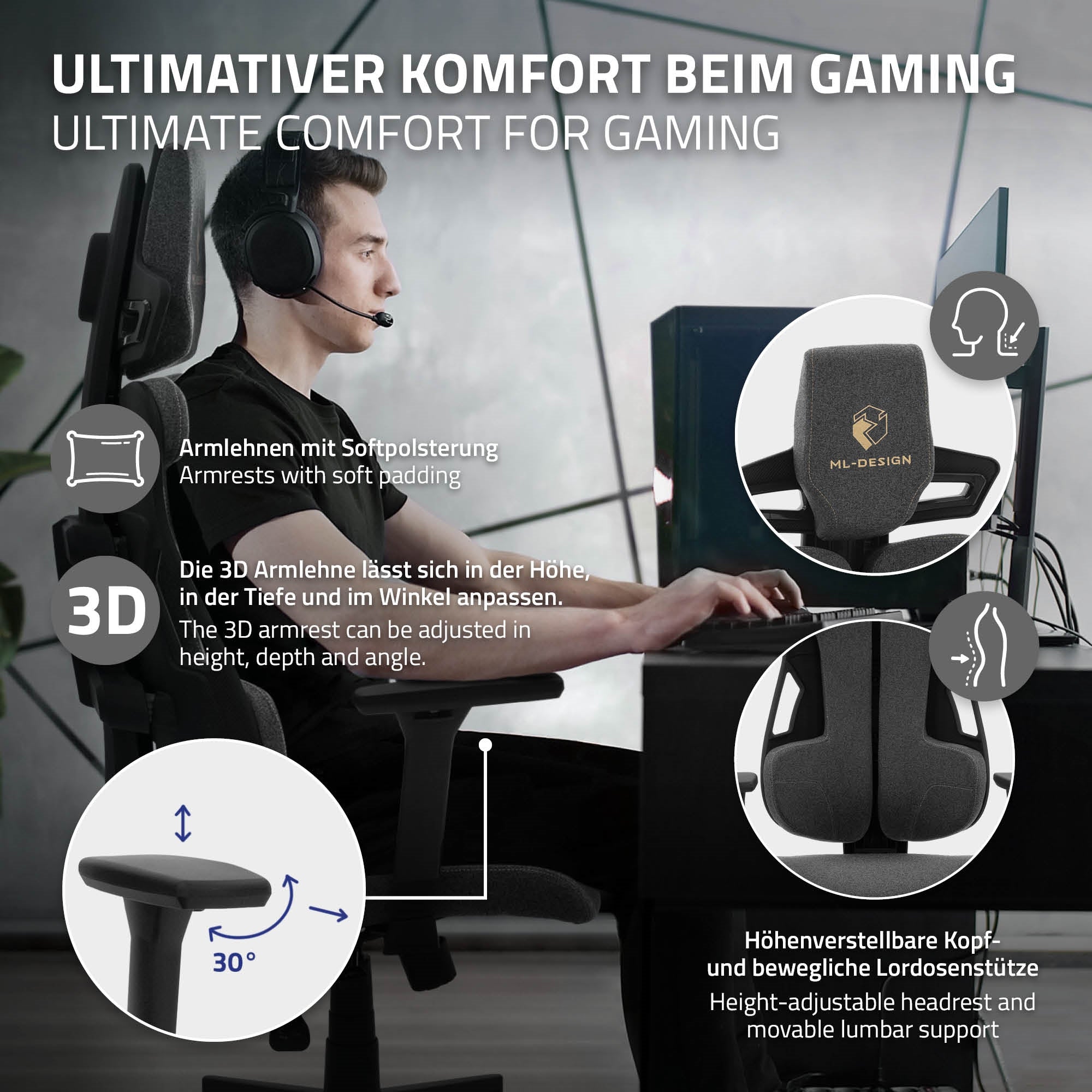 Gaming stol med 3D-armlæn, højdejusterbar nakkestøtte og lændestøtte.
