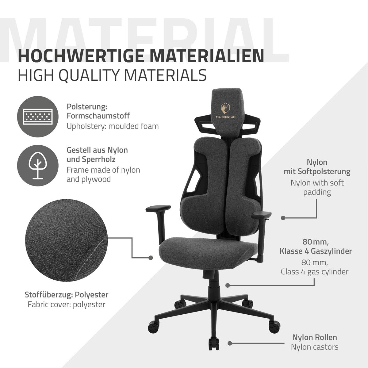 Detailansicht eines Gamingstuhls mit hochwertigen Materialien und Polsterung.